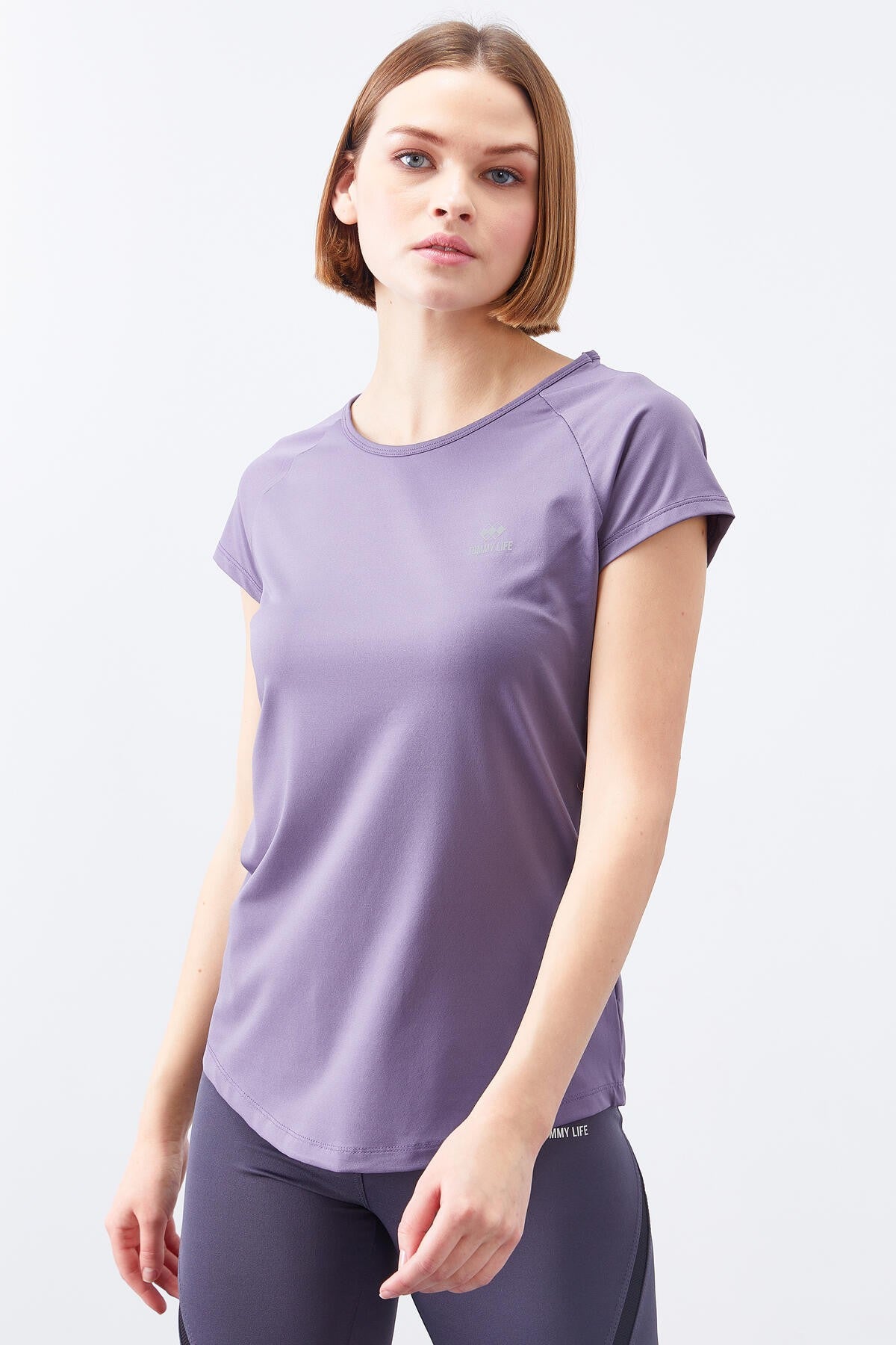 Image of Eflatun Sırt Pencereli Kısa Kol Standart Kalıp O Yaka Kadın T-Shirt - 97101