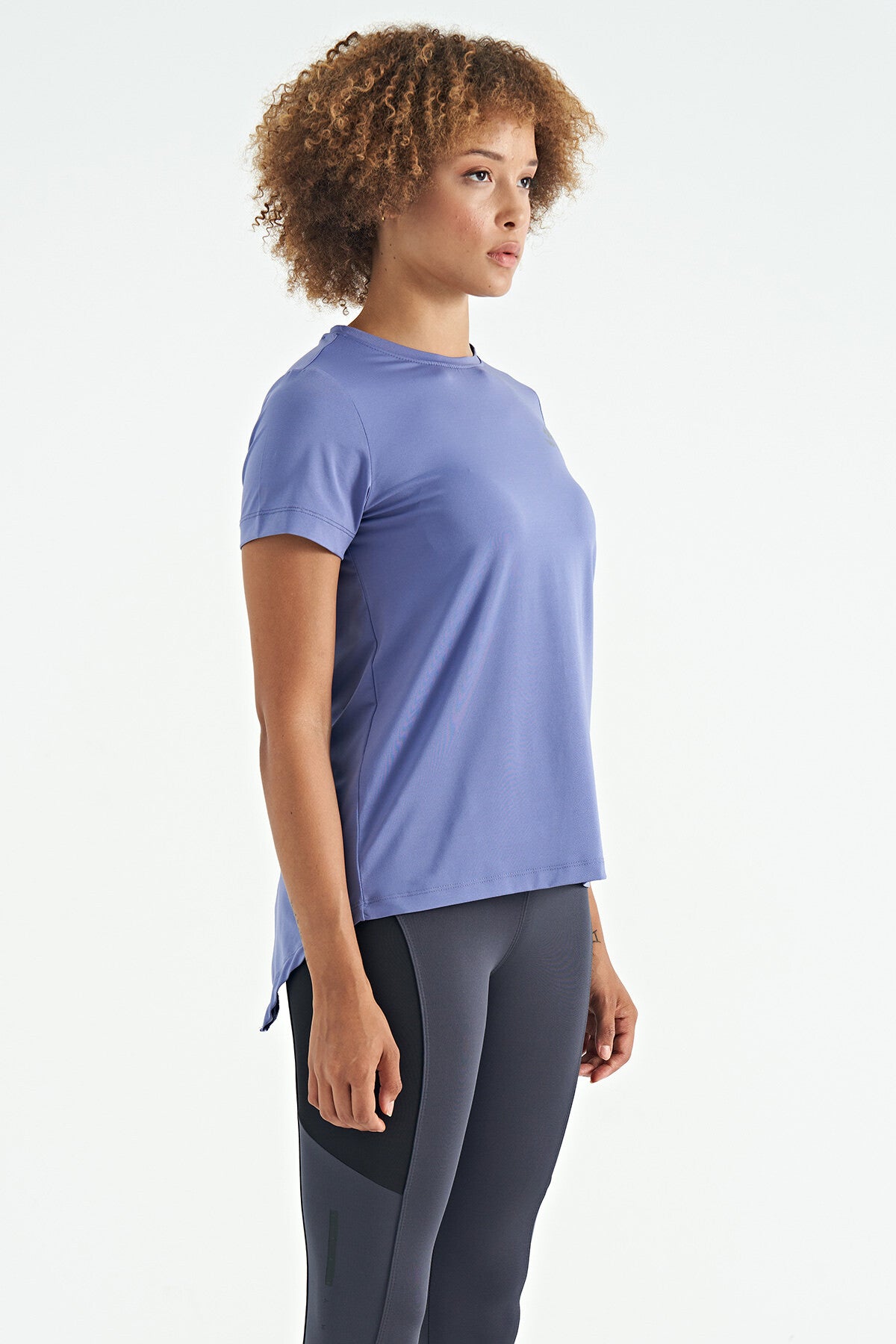 Image of Eflatun Sırt Yırtmaç Detaylı O Yaka Kısa Kollu Standart Kalıp Kadın T-Shirt - 97267