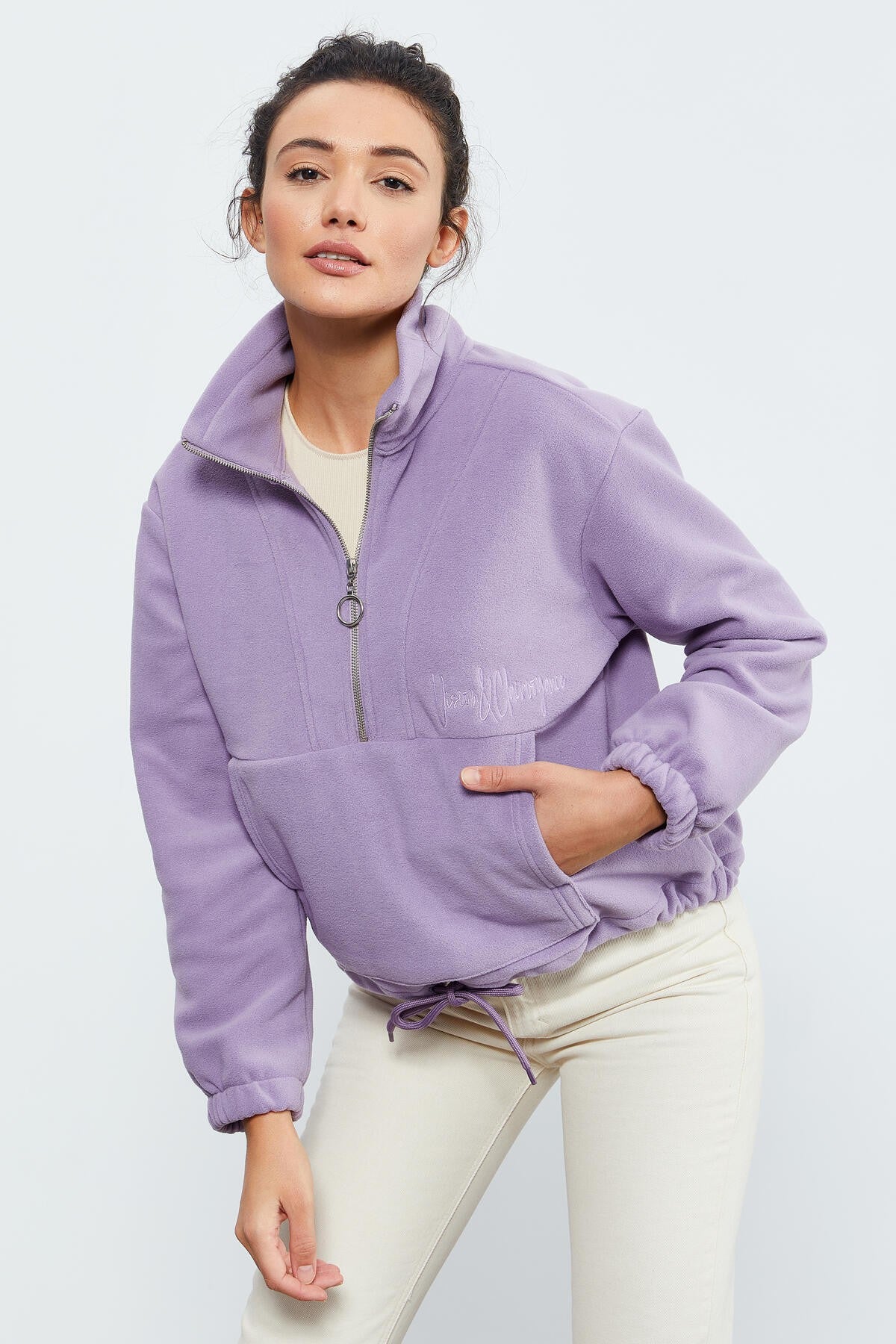 Image of Hanorac mov cu fermoar pe jumătate, din fleece, supradimensionat, pentru femei, cu tiv încrețit - 97171