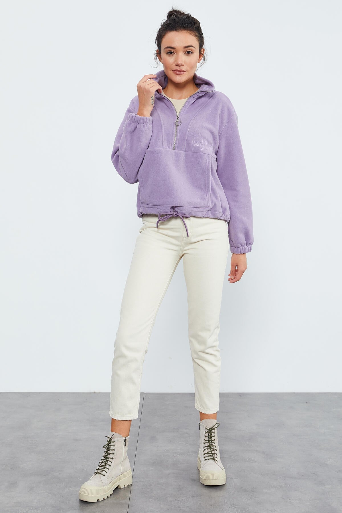 Image of Hanorac mov cu fermoar pe jumătate, din fleece, supradimensionat, pentru femei, cu tiv încrețit - 97171