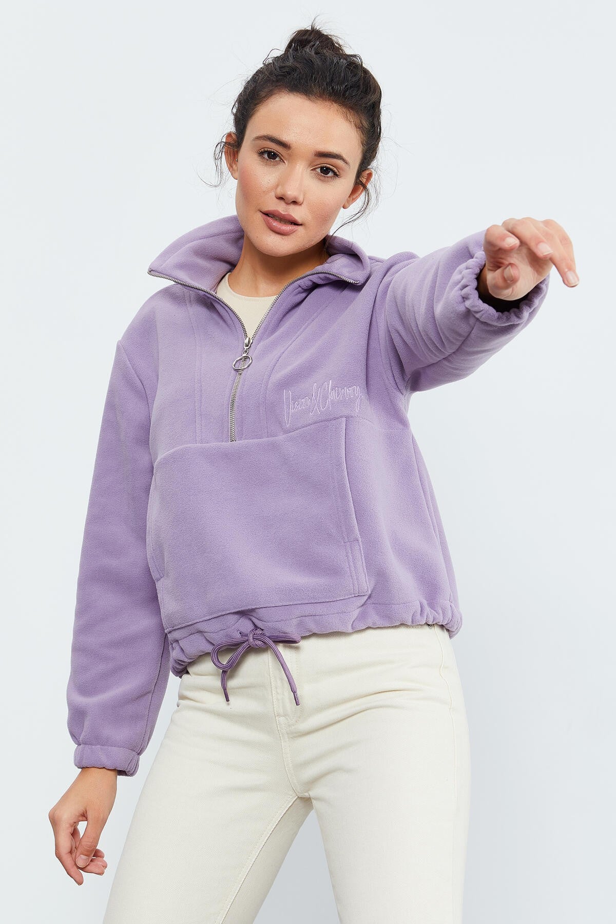 Image of Hanorac mov cu fermoar pe jumătate, din fleece, supradimensionat, pentru femei, cu tiv încrețit - 97171