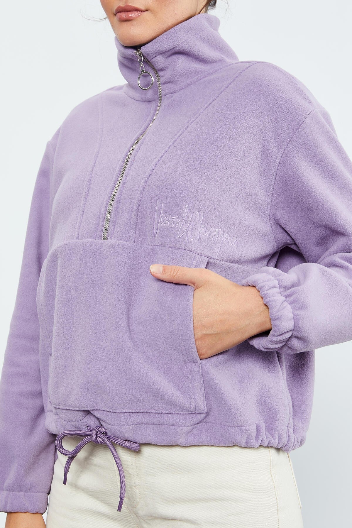 Image of Eflatun Yarım Fermuar Etek Ucu Büzgülü Kadın Polar Oversize Sweatshirt - 97171