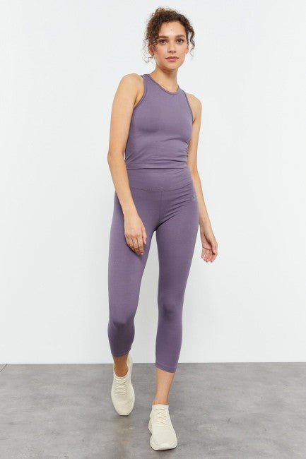 Image of Eflatun Yüksek Bel Kapri-Crop Atlet Slim Fit Kadın Tayt Takım - 95284