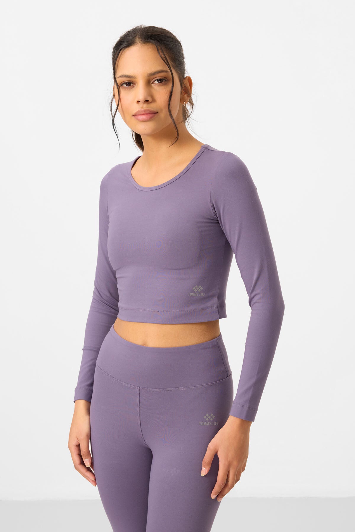 Image of Eflatun Yüksek Bel Uzun Kollu Slim Fit Crop Top Kadın Tayt Takım - 95286