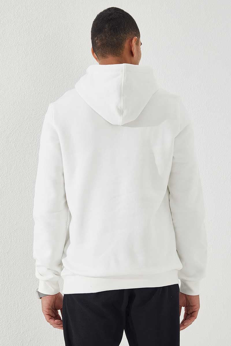 Image of Ekru Nakışlı Kanguru Cep Standart Kalıp Kapüşonlu Erkek Sweatshirt - 87839