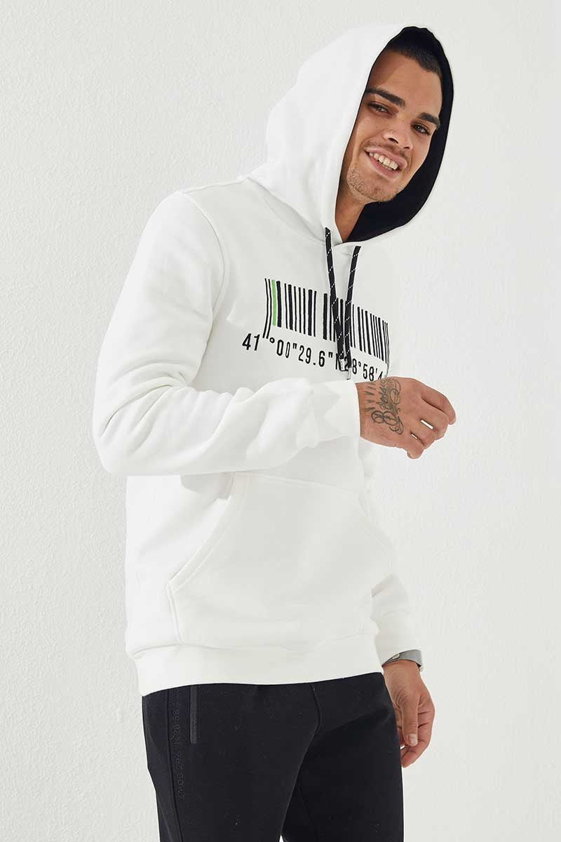 Image of Ekru Nakışlı Kanguru Cep Standart Kalıp Kapüşonlu Erkek Sweatshirt - 87839