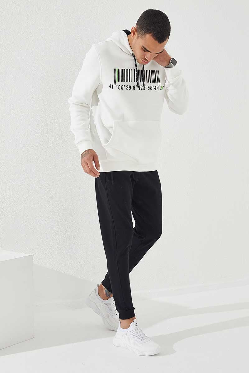 Image of Ekru Nakışlı Kanguru Cep Standart Kalıp Kapüşonlu Erkek Sweatshirt - 87839