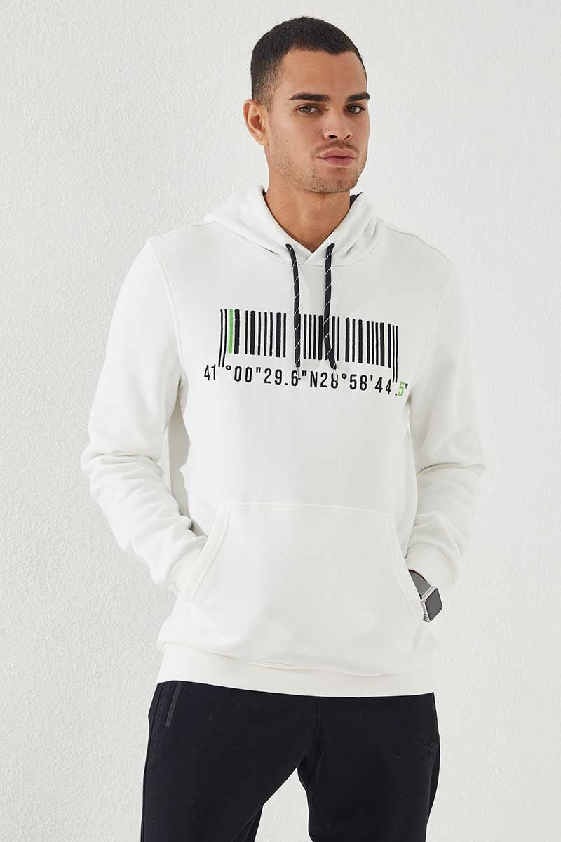 Image of Ekru Nakışlı Kanguru Cep Standart Kalıp Kapüşonlu Erkek Sweatshirt - 87839
