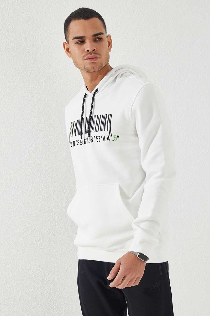 Image of Ekru Nakışlı Kanguru Cep Standart Kalıp Kapüşonlu Erkek Sweatshirt - 87839