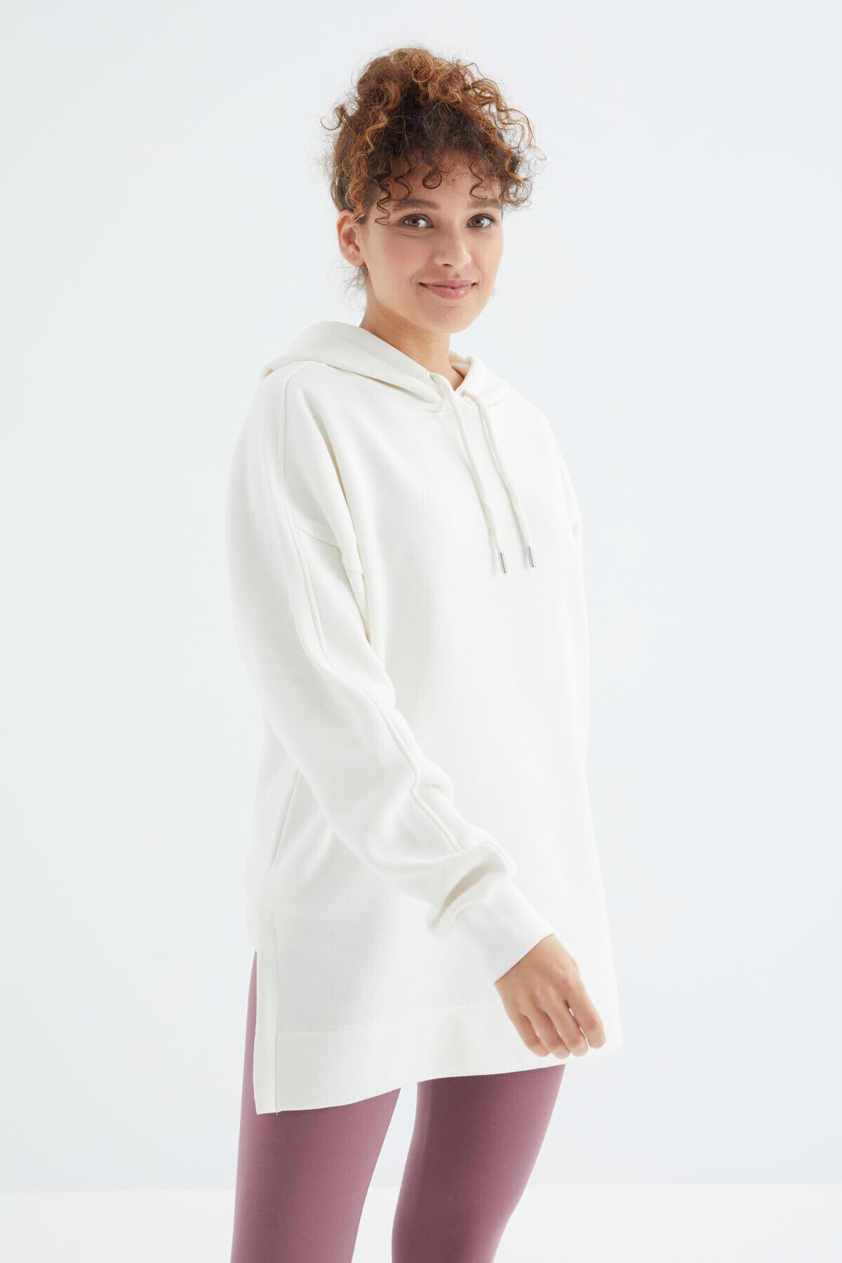 Image of Ekru Reglan Kol Basic Kapüşonlu Oversize Sweatshirt Tunik - 97242
