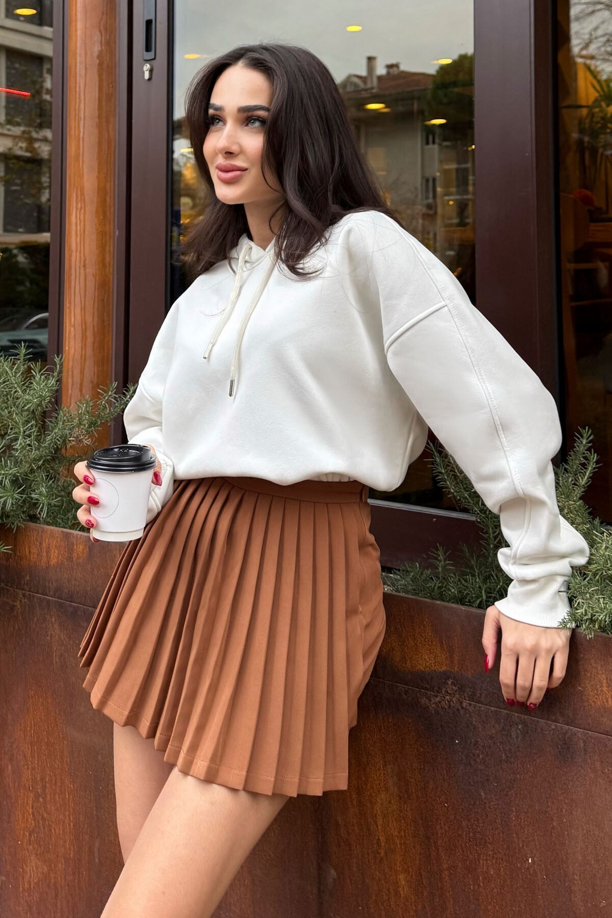 Image of Ekru Reglan Kol Basic Kapüşonlu Oversize Sweatshirt Tunik - 97242