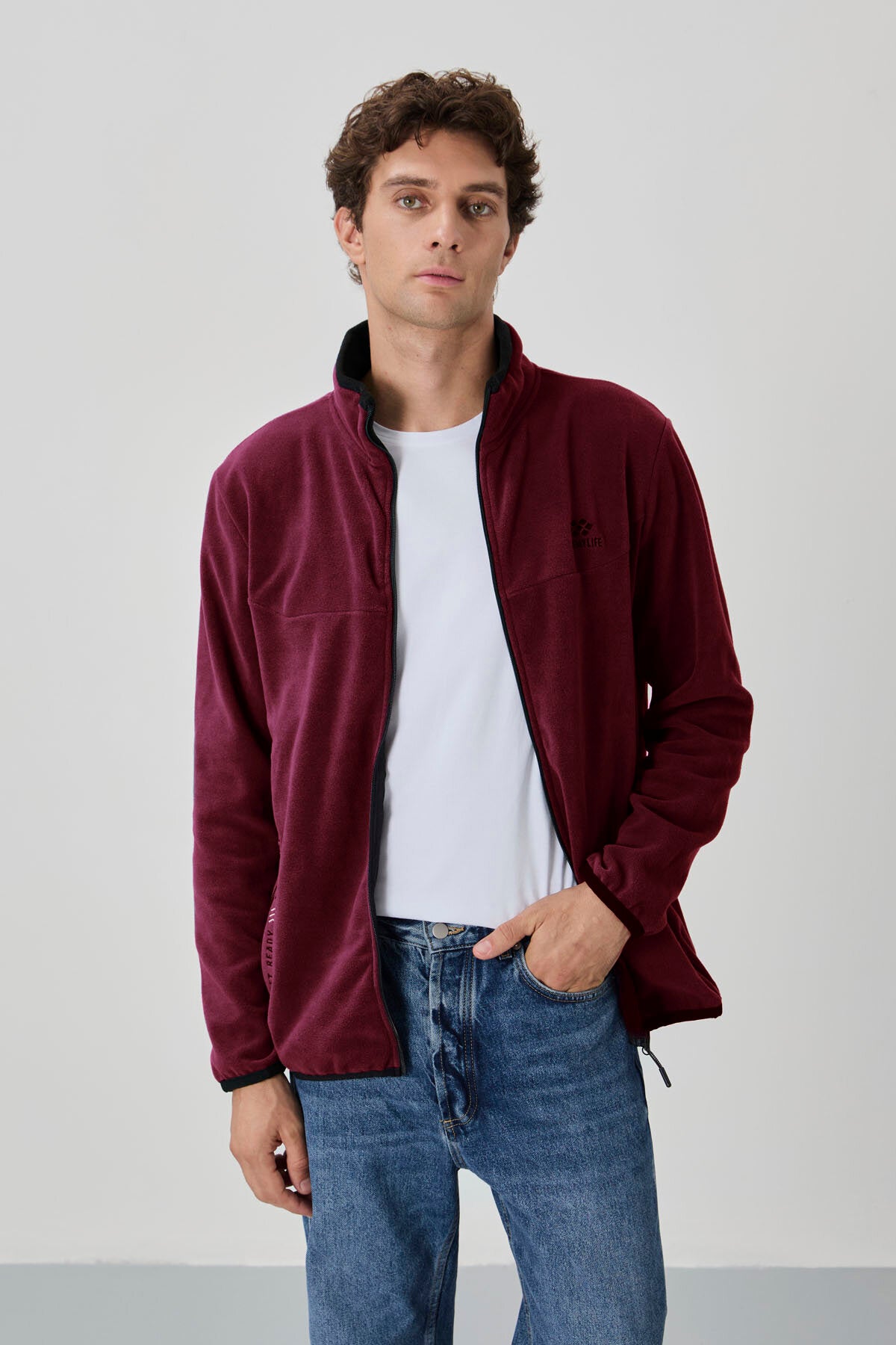 Image of Erguvan Yazı Nakışlı Dik Yaka Fermuarlı Standart Kalıp Erkek Sweatshirt Polar - 87992