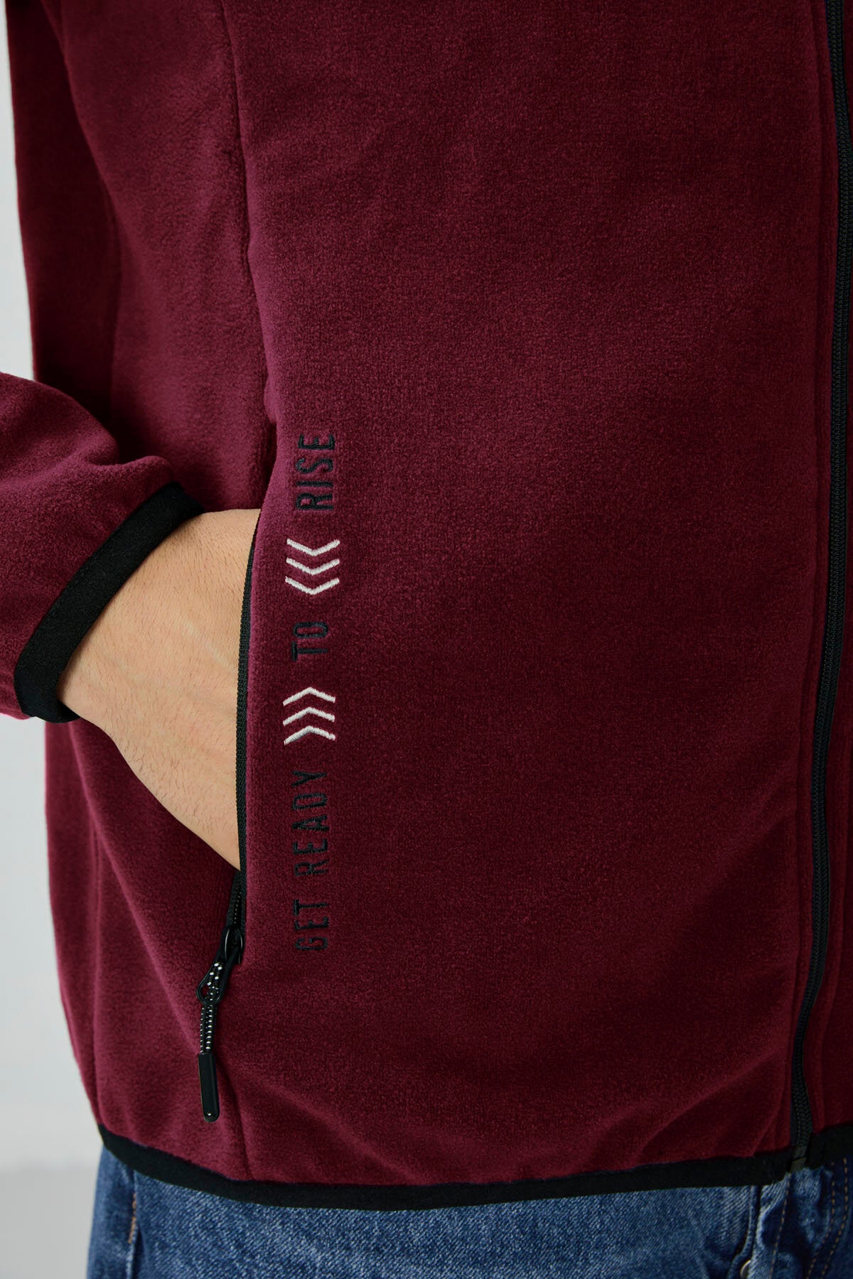 Image of Erguvan Yazı Nakışlı Dik Yaka Fermuarlı Standart Kalıp Erkek Sweatshirt Polar - 87992