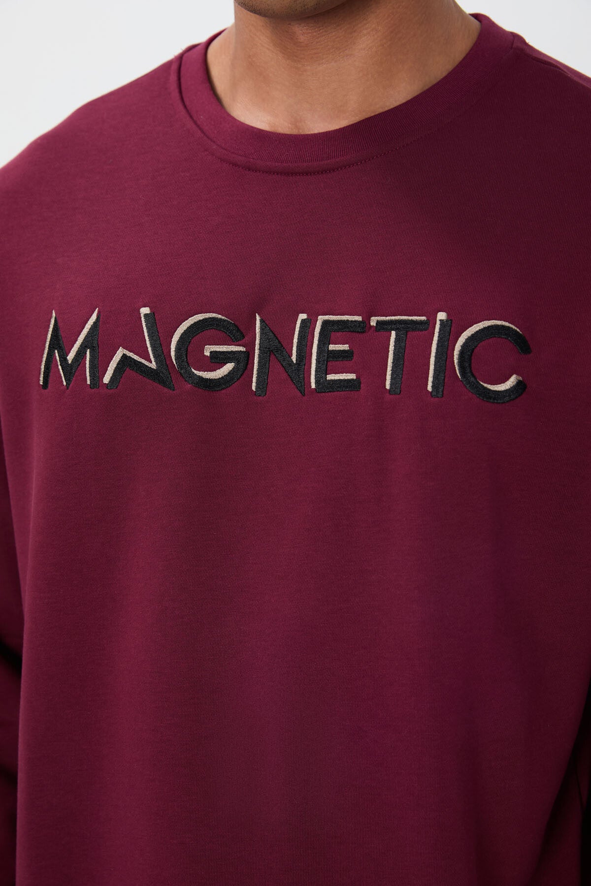 Image of Erguvan Yazı Nakışlı O Yaka Rahat Form İçi Polarlı Erkek Sweatshirt - 88020