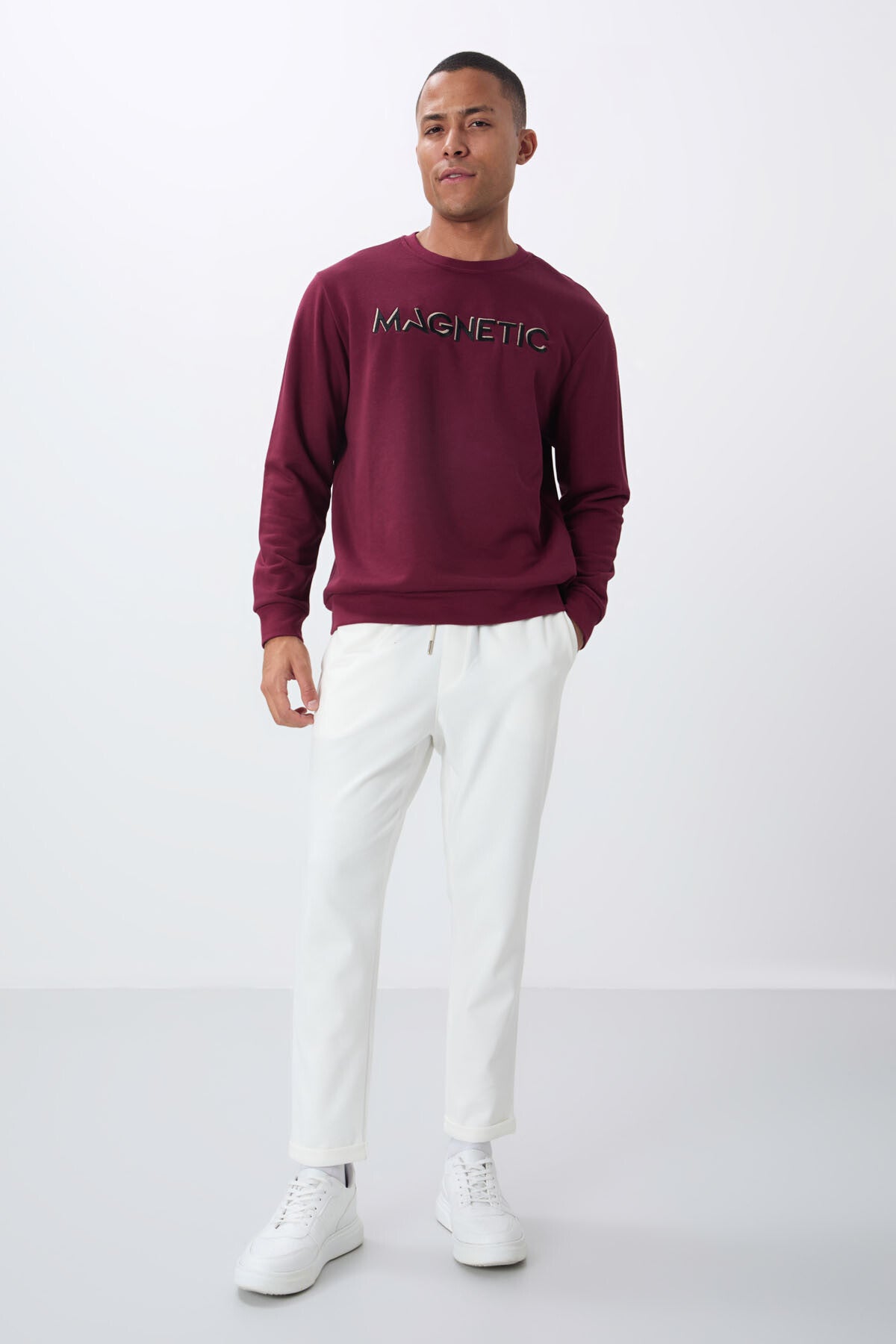Image of Erguvan Yazı Nakışlı O Yaka Rahat Form İçi Polarlı Erkek Sweatshirt - 88020