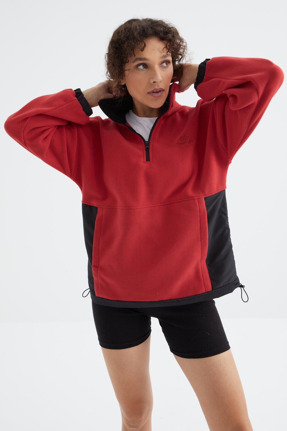 Image of Fiesta Yarım Fermuar Etek Ucu Büzgülü Dik Yaka  Oversize Kadın Polar Sweatshirt - 97236