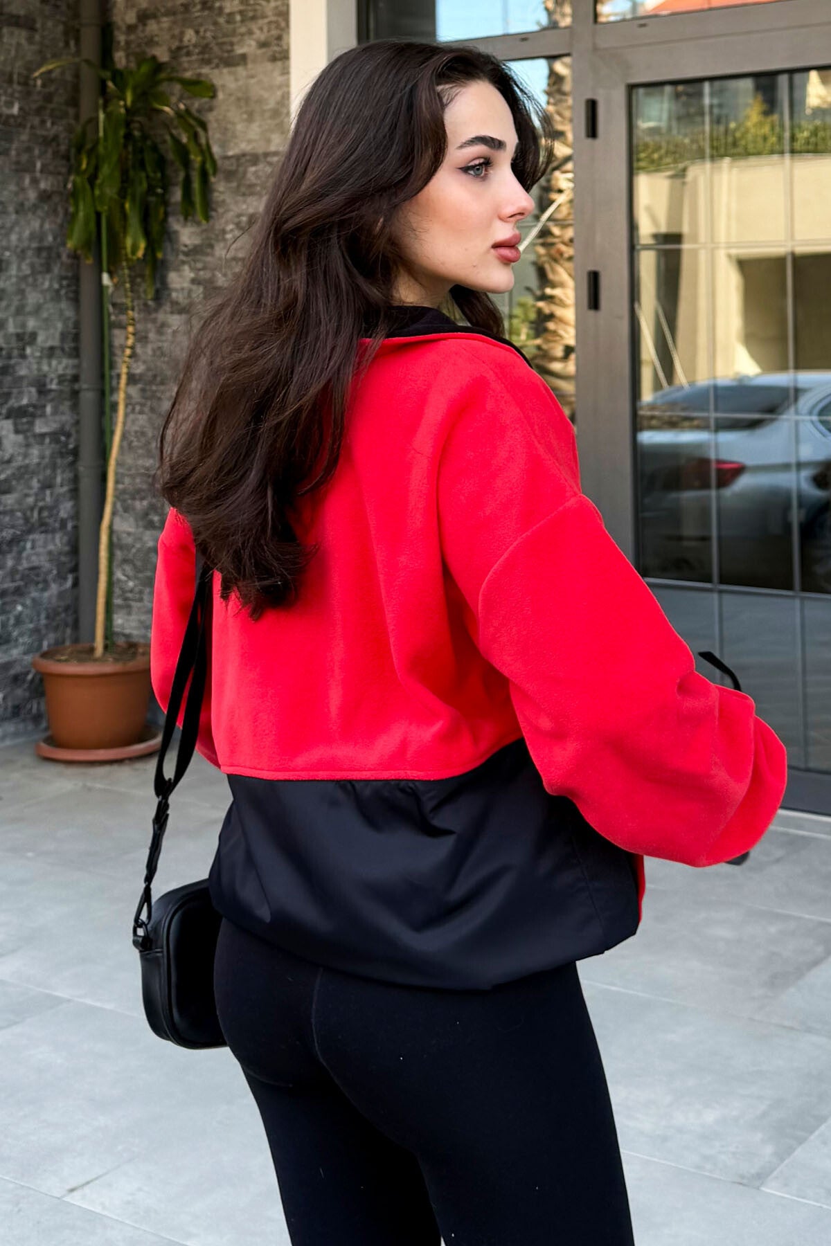 Image of Fiesta Yarım Fermuar Etek Ucu Büzgülü Dik Yaka  Oversize Kadın Polar Sweatshirt - 97236