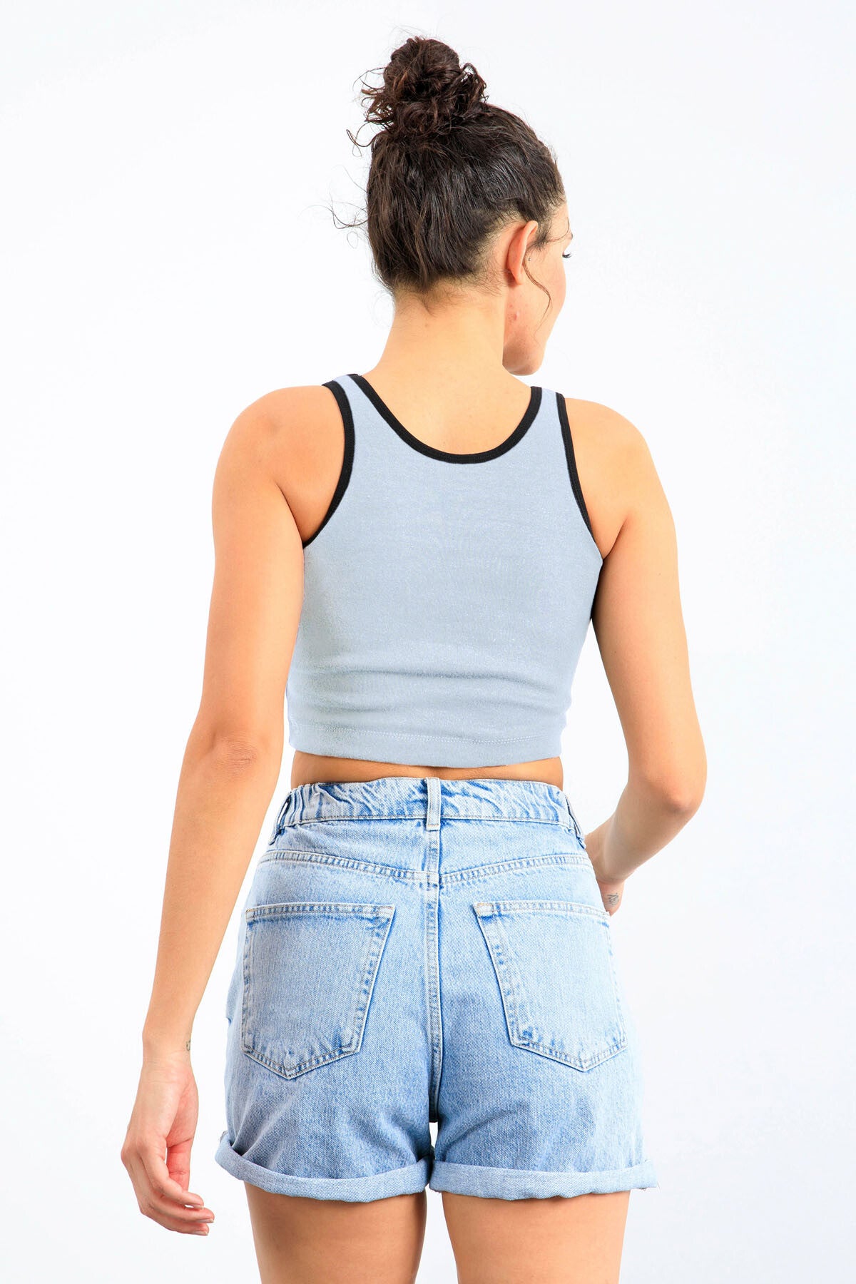 Image of Gök Mavi Basic Sıfır Kol Dar Kalıp U Yaka Kadın Crop Top Atlet - 97162