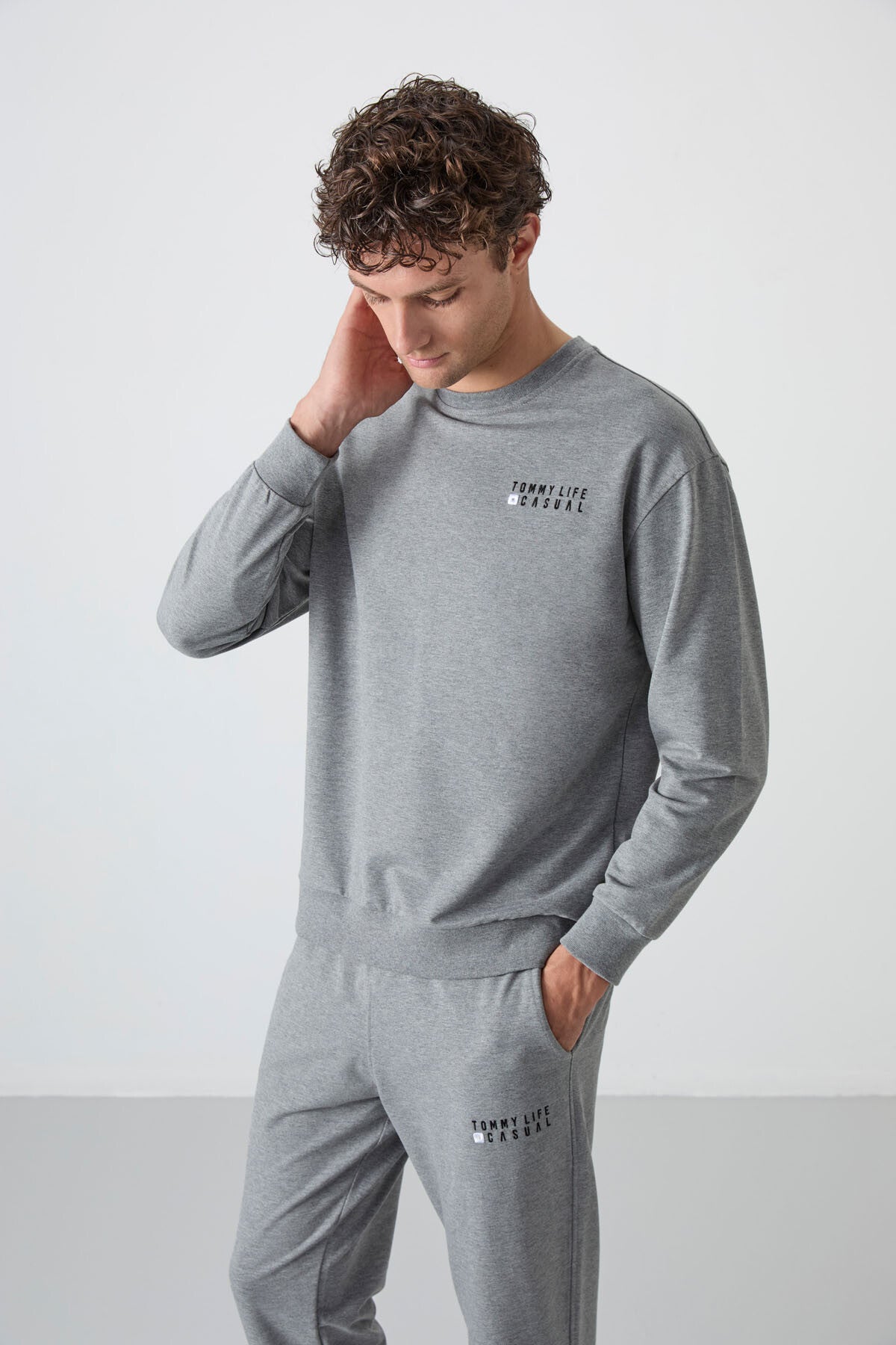 Image of Gri Melanj Casual O Yaka Lastik Paça Pamuklu Erkek Oversize Eşofman Takımı - 85120