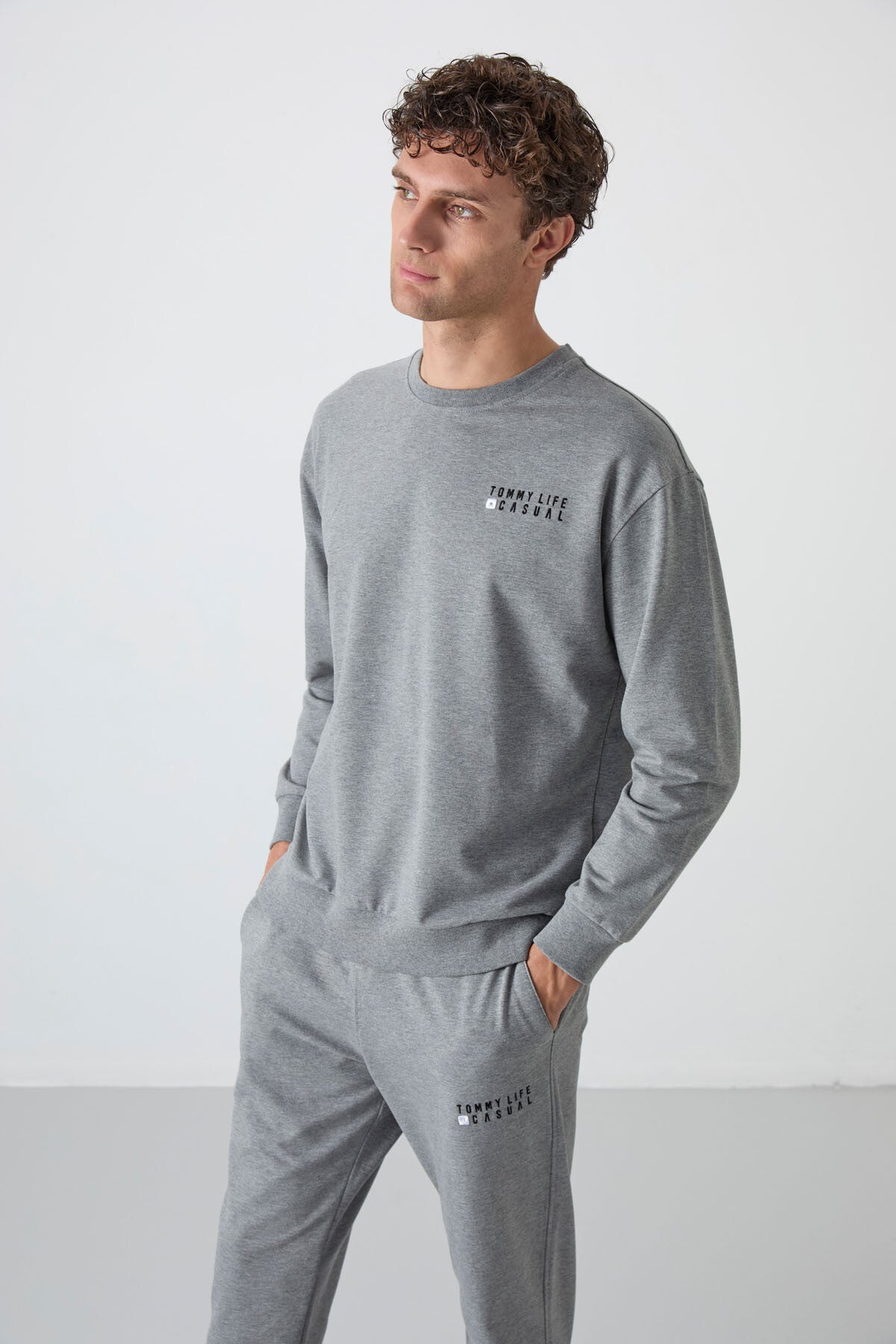 Image of Gri Melanj Casual O Yaka Lastik Paça Pamuklu Erkek Oversize Eşofman Takımı - 85120