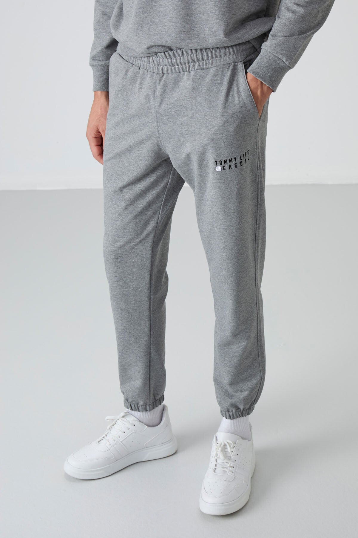 Image of Gri Melanj Casual O Yaka Lastik Paça Pamuklu Erkek Oversize Eşofman Takımı - 85120