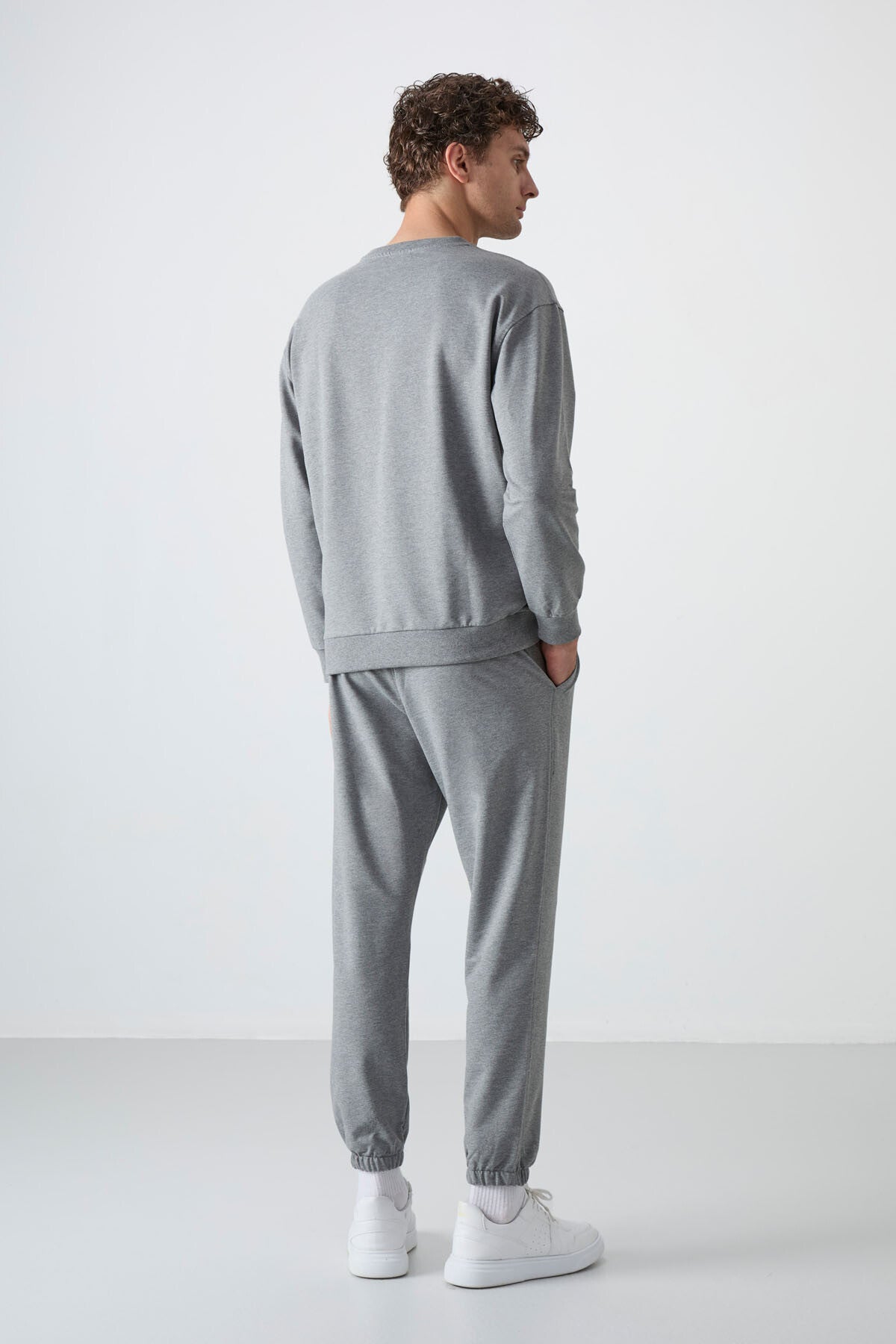 Image of Gri Melanj Casual O Yaka Lastik Paça Pamuklu Erkek Oversize Eşofman Takımı - 85120
