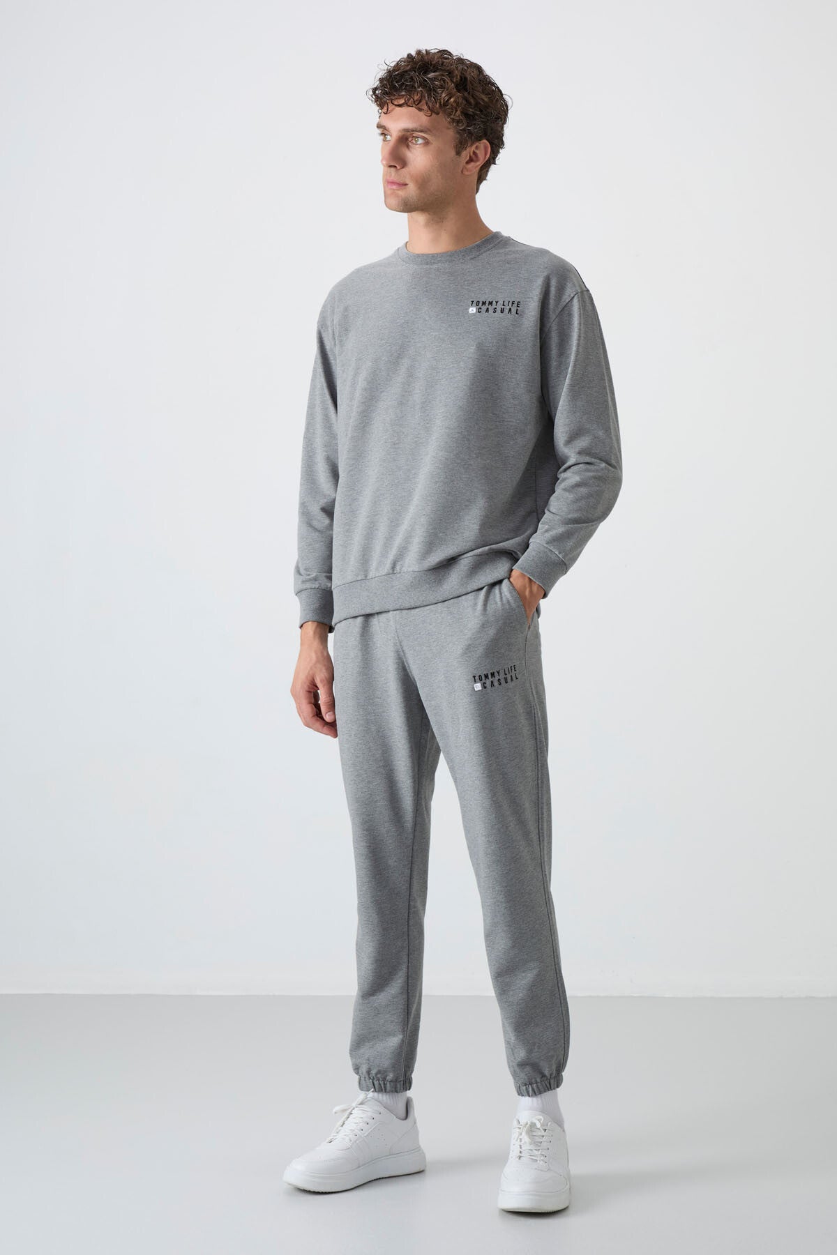 Image of Gri Melanj Casual O Yaka Lastik Paça Pamuklu Erkek Oversize Eşofman Takımı - 85120
