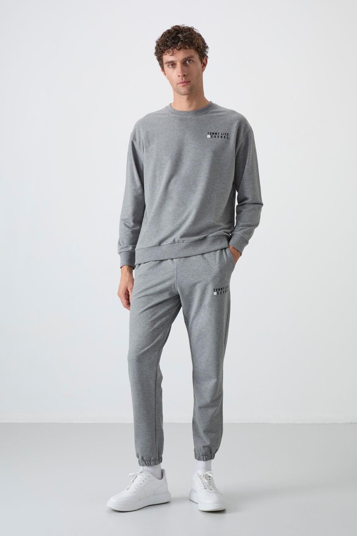 Image of Gri Melanj Casual O Yaka Lastik Paça Pamuklu Erkek Oversize Eşofman Takımı - 85120