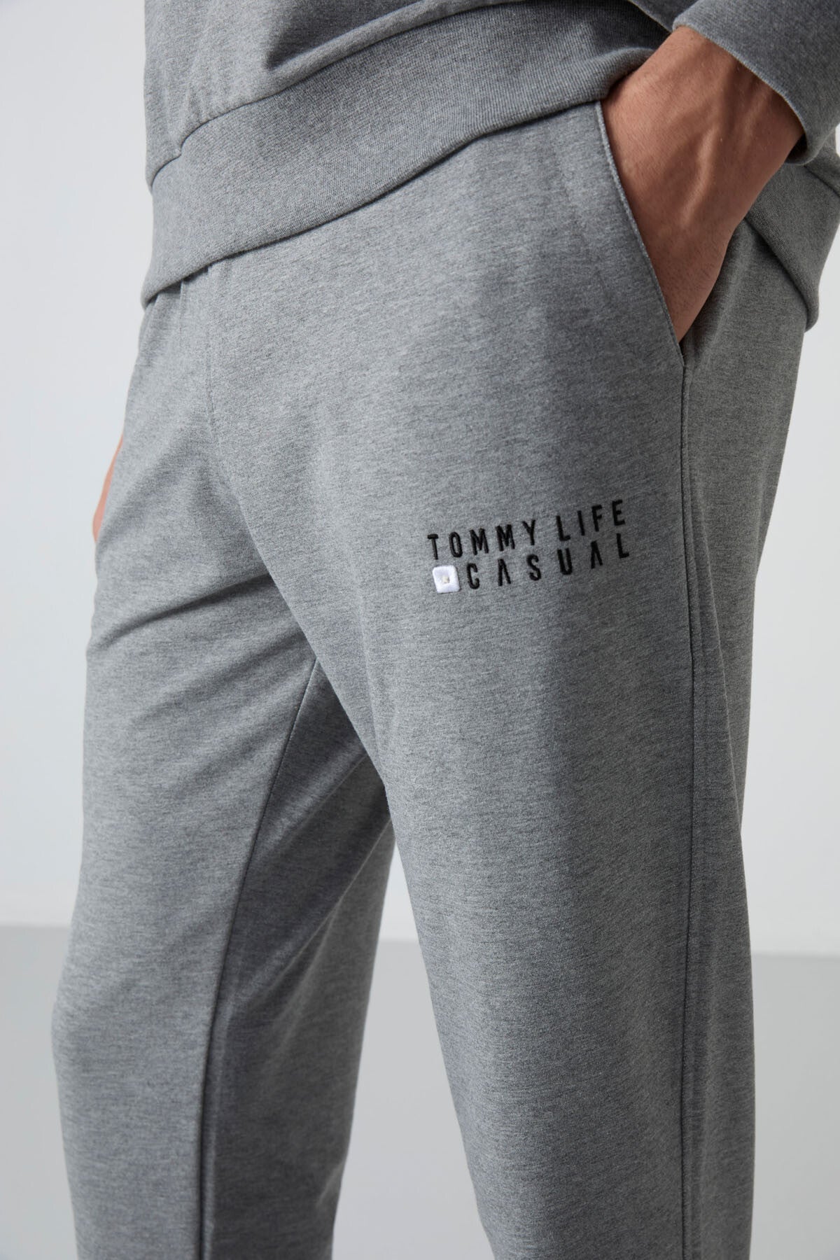 Image of Gri Melanj Casual O Yaka Lastik Paça Pamuklu Erkek Oversize Eşofman Takımı - 85120