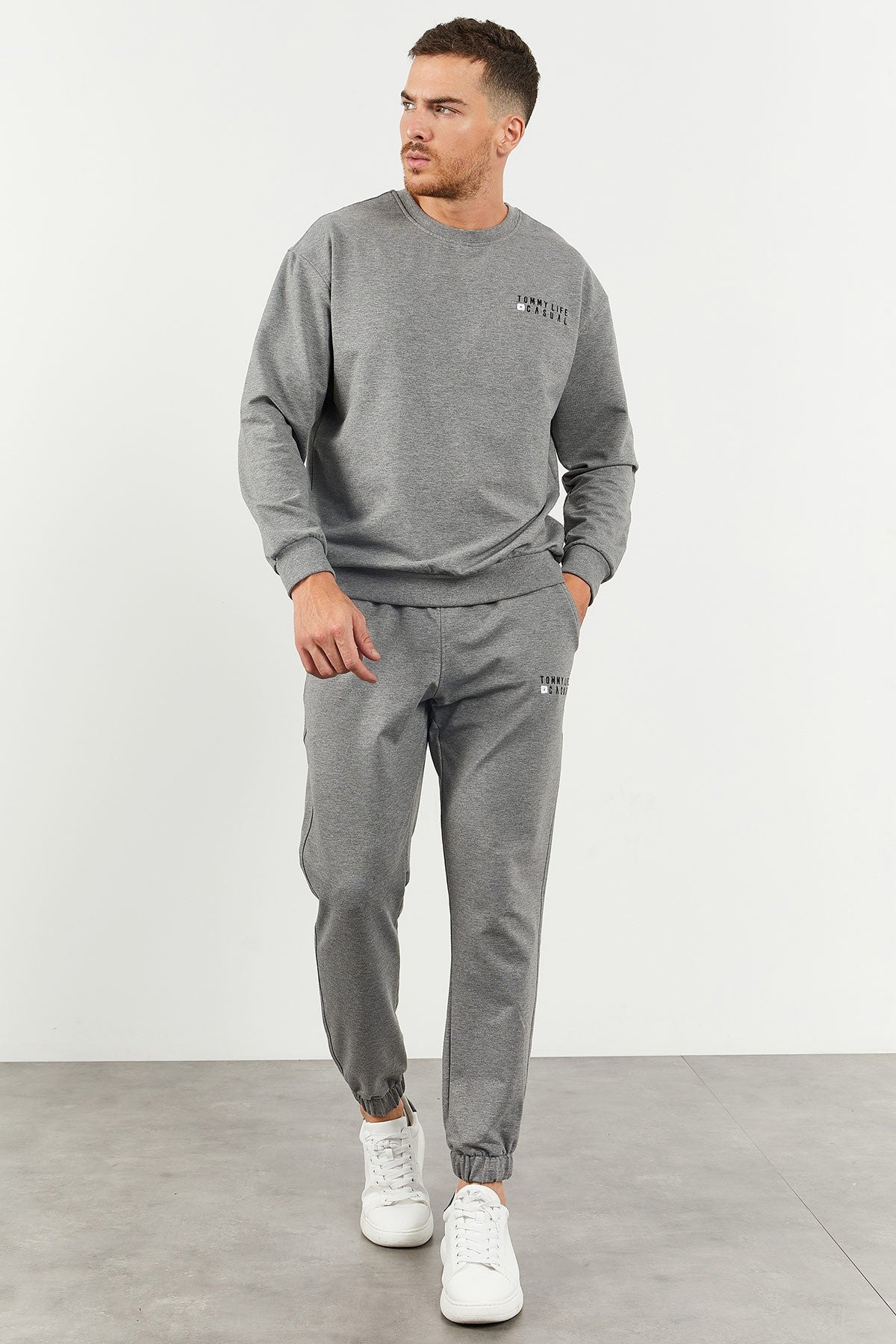Image of Gri Melanj Casual O Yaka Lastik Paça Pamuklu Erkek Oversize Eşofman Takımı - 85120