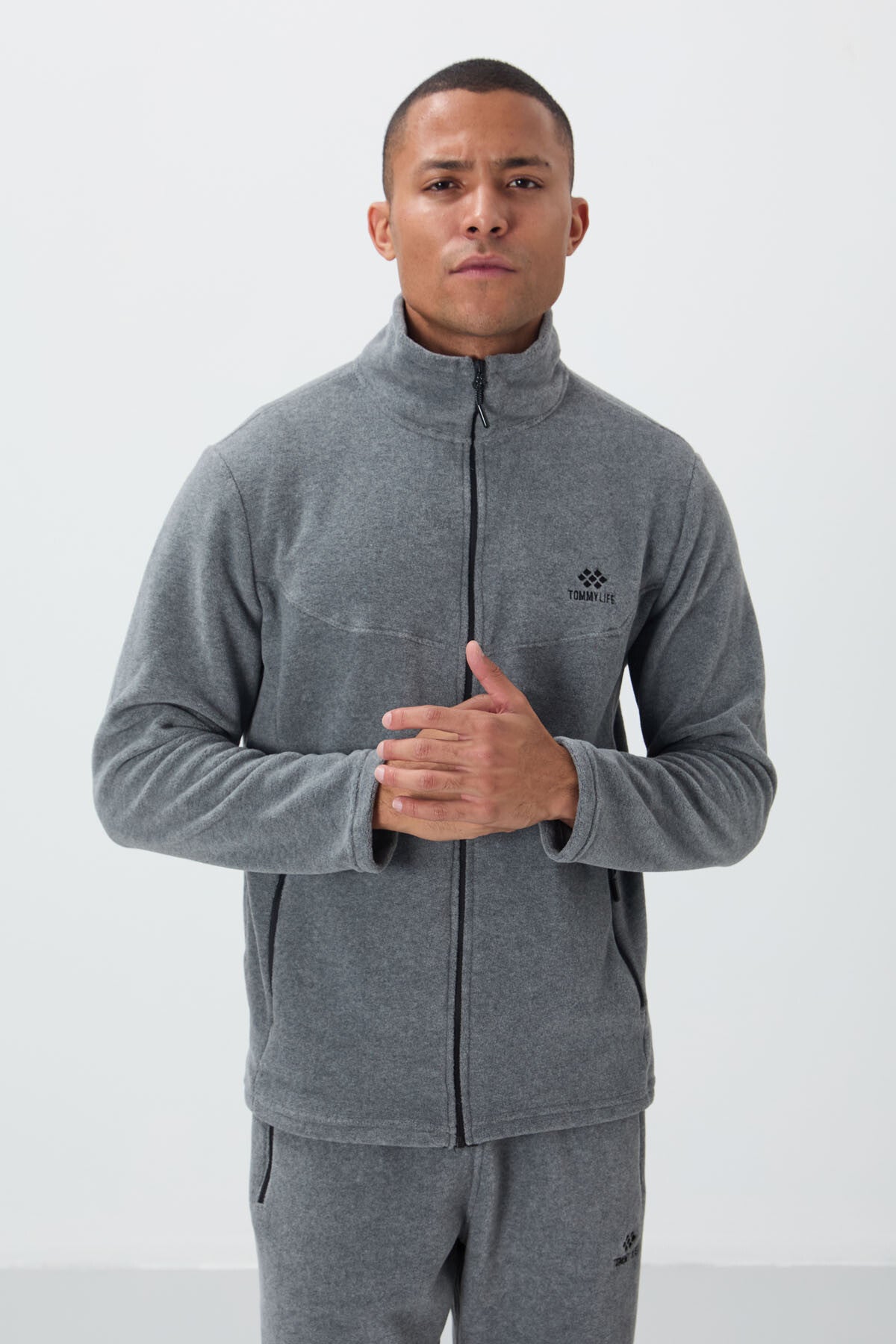 Image of Trening bărbătesc gri melanj cu guler înalt, croială standard și fermoar, din fleece - 85193
