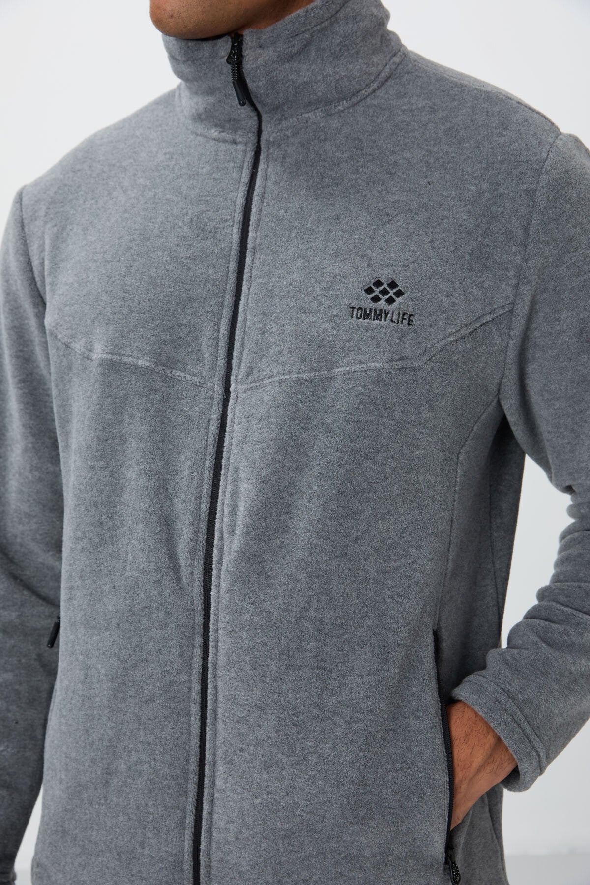 Image of Trening bărbătesc gri melanj cu guler înalt, croială standard și fermoar, din fleece - 85193