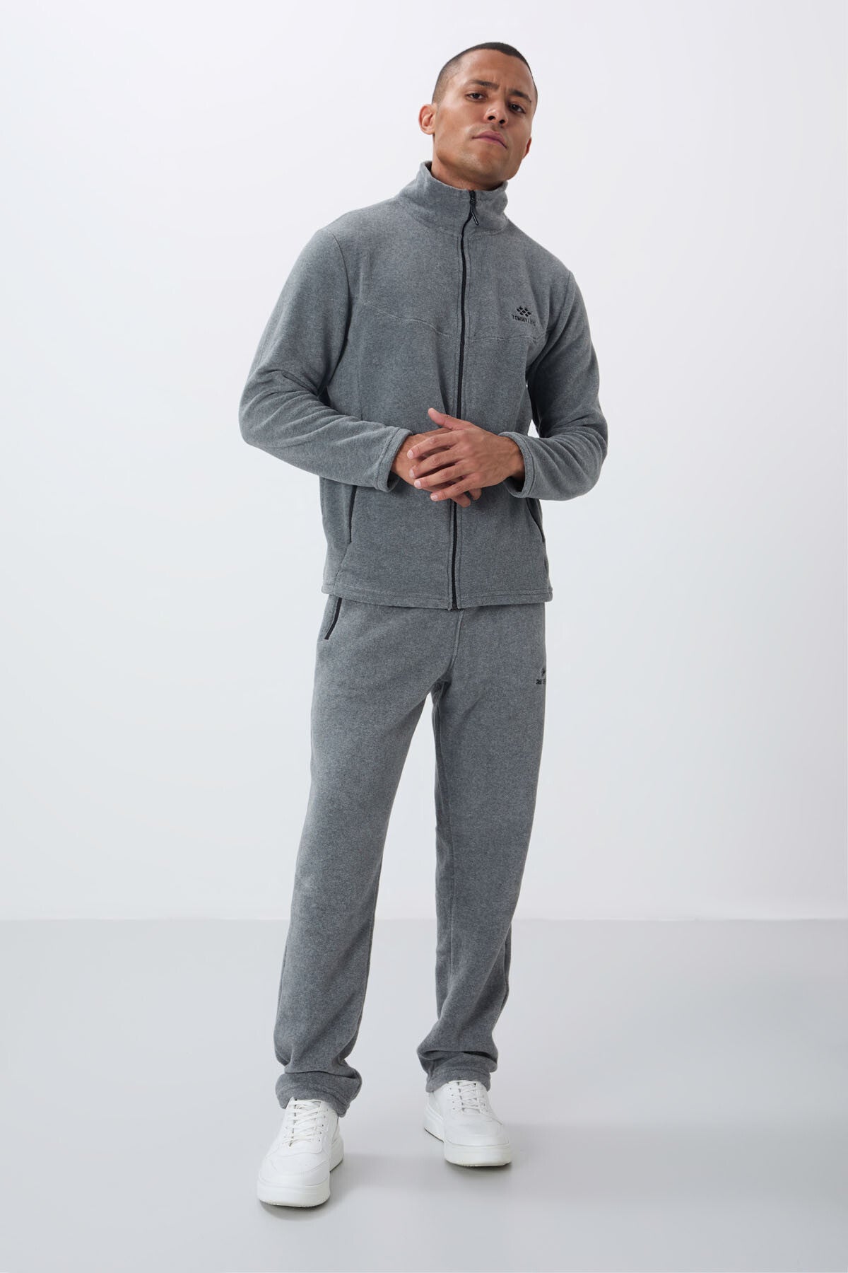 Image of Trening bărbătesc gri melanj cu guler înalt, croială standard și fermoar, din fleece - 85193