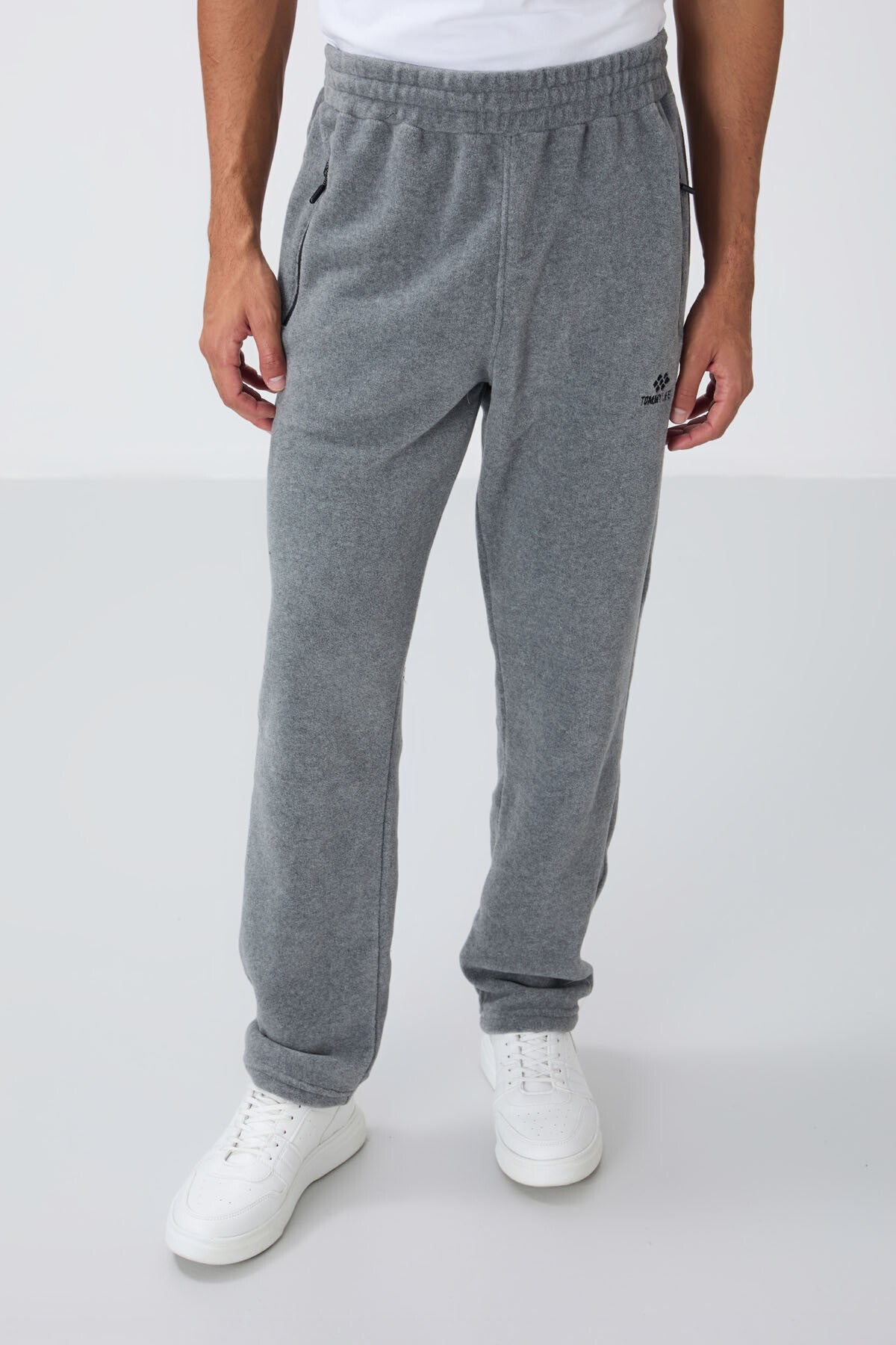Image of Trening bărbătesc gri melanj cu guler înalt, croială standard și fermoar, din fleece - 85193