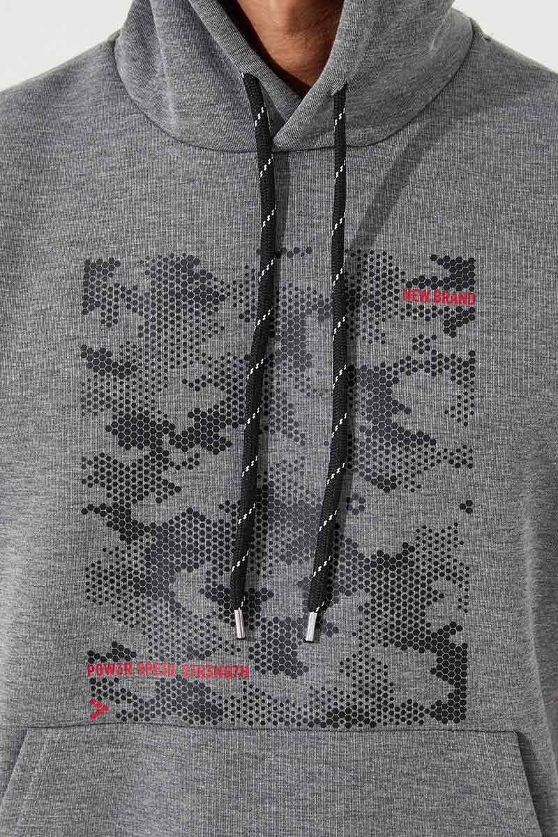 Image of Gri Melanj Kamuflaj Desen Baskılı Standart Kalıp Kapüşonlu Erkek Sweatshirt - 87884