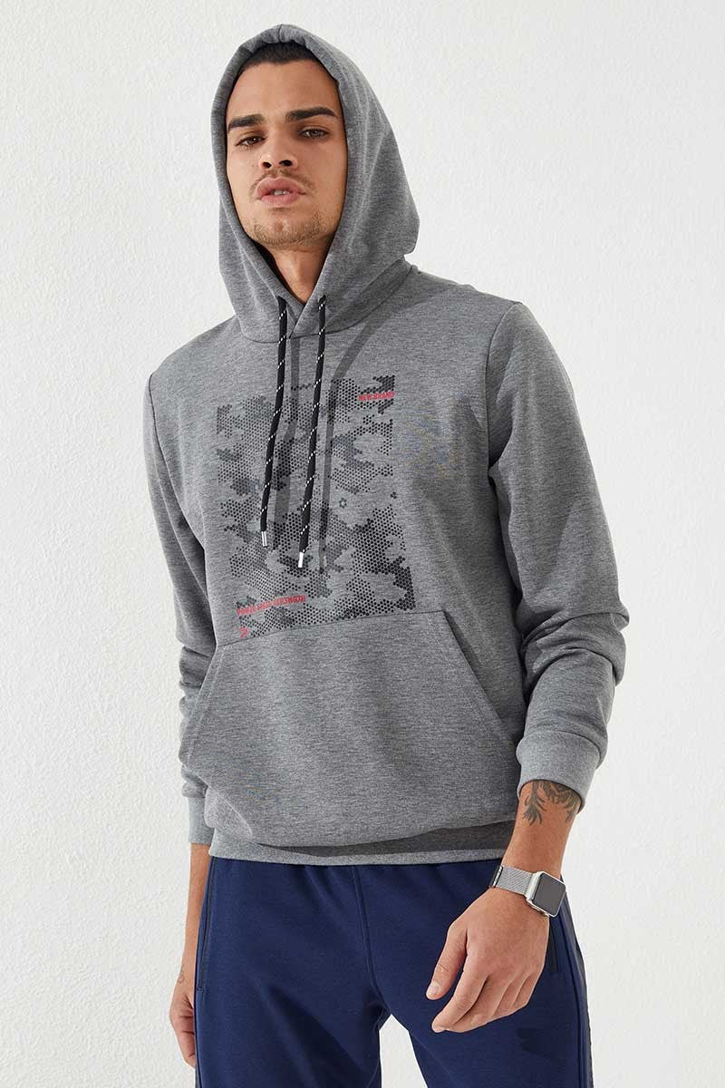 Image of Gri Melanj Kamuflaj Desen Baskılı Standart Kalıp Kapüşonlu Erkek Sweatshirt - 87884