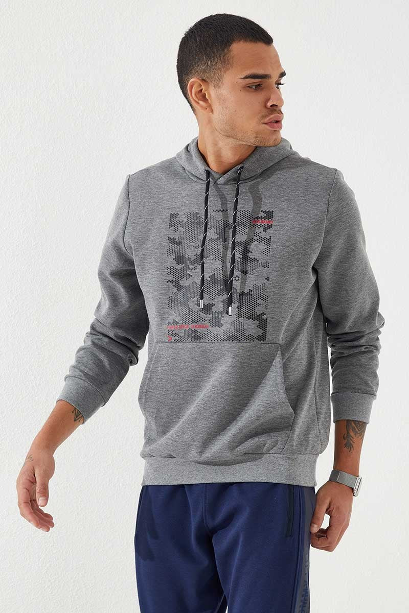 Image of Gri Melanj Kamuflaj Desen Baskılı Standart Kalıp Kapüşonlu Erkek Sweatshirt - 87884