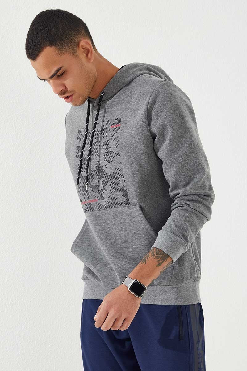 Image of Gri Melanj Kamuflaj Desen Baskılı Standart Kalıp Kapüşonlu Erkek Sweatshirt - 87884