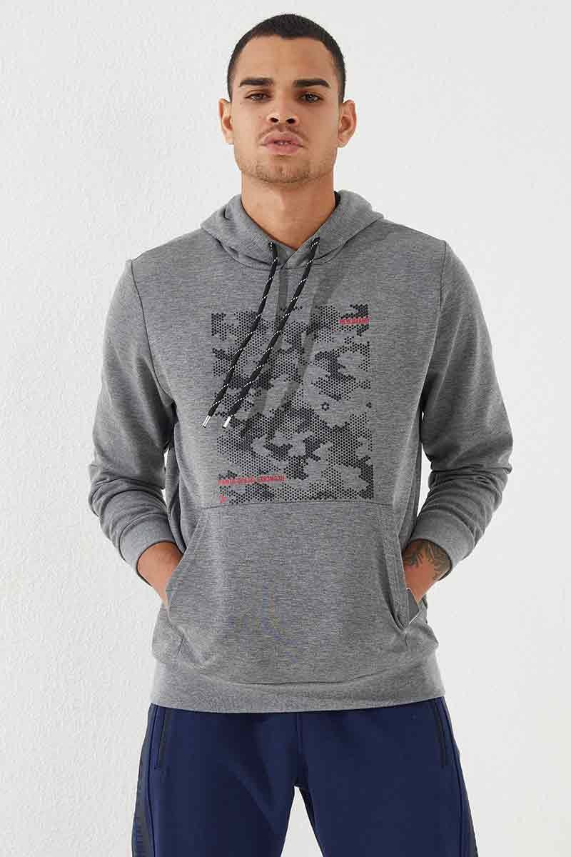 Image of Gri Melanj Kamuflaj Desen Baskılı Standart Kalıp Kapüşonlu Erkek Sweatshirt - 87884