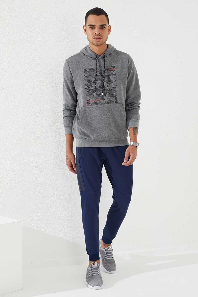Image of Gri Melanj Kamuflaj Desen Baskılı Standart Kalıp Kapüşonlu Erkek Sweatshirt - 87884