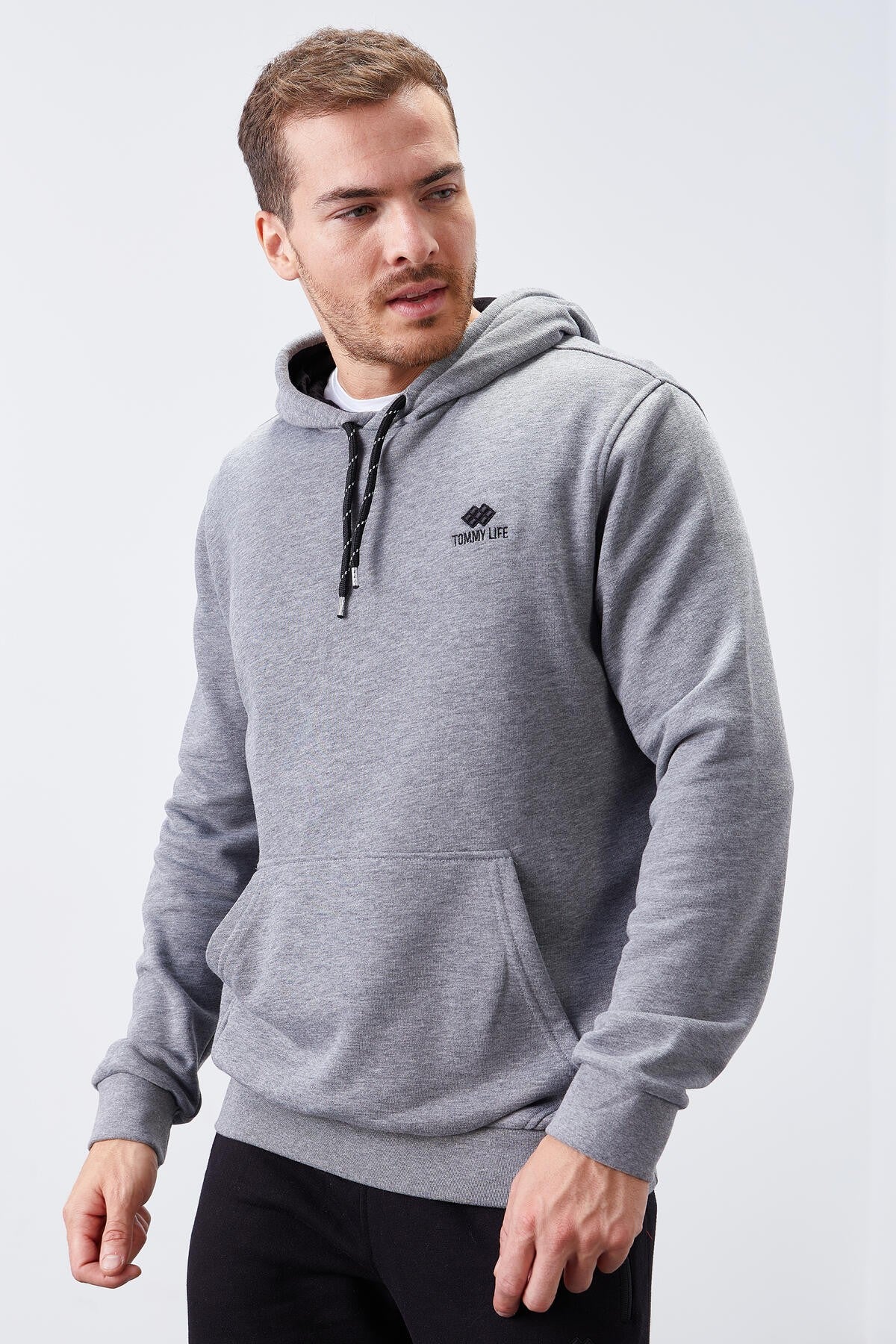 Image of Gri Melanj Kanguru Cep Standart Kalıp Kapüşonlu Erkek Sweatshirt - 87872