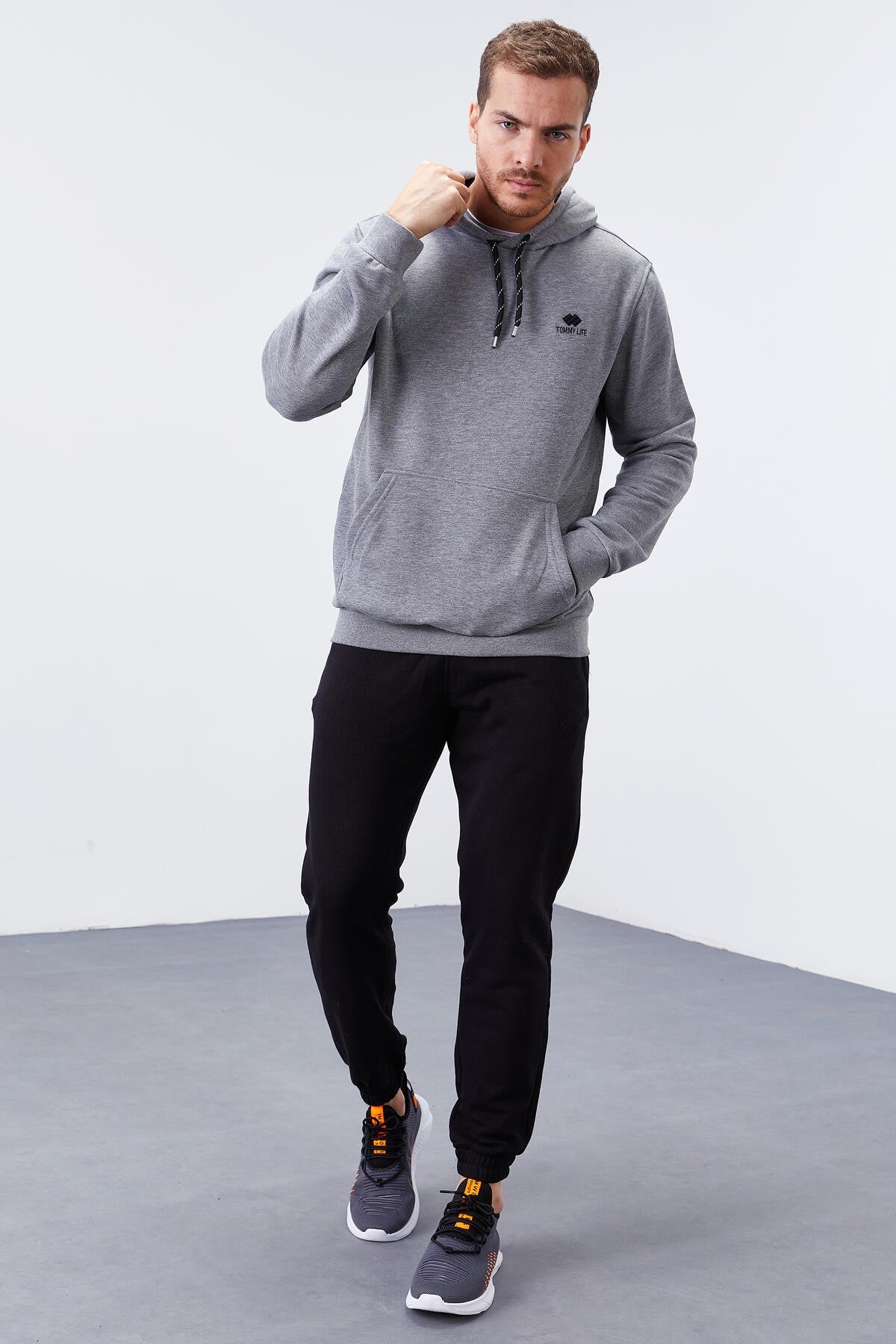 Image of Gri Melanj Kanguru Cep Standart Kalıp Kapüşonlu Erkek Sweatshirt - 87872