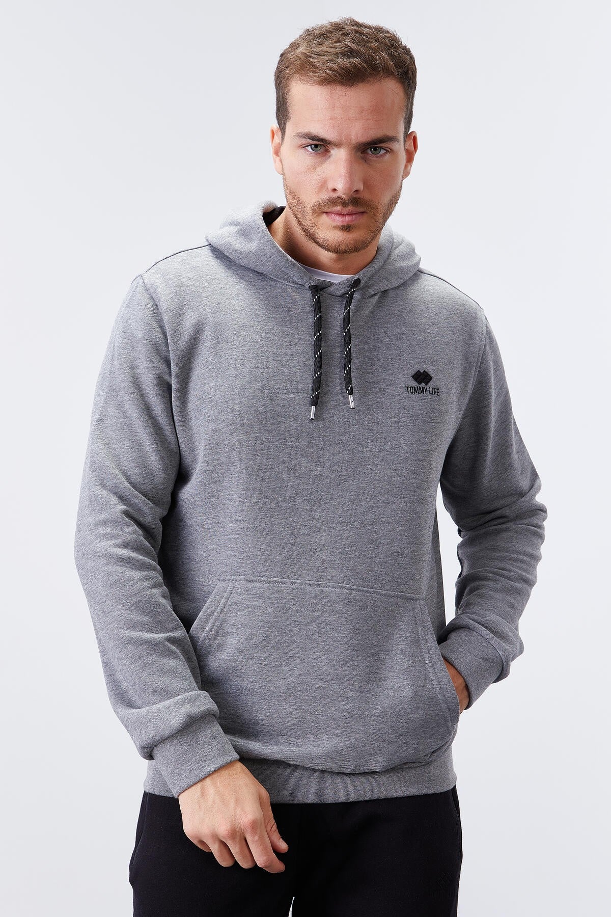 Image of Gri Melanj Kanguru Cep Standart Kalıp Kapüşonlu Erkek Sweatshirt - 87872