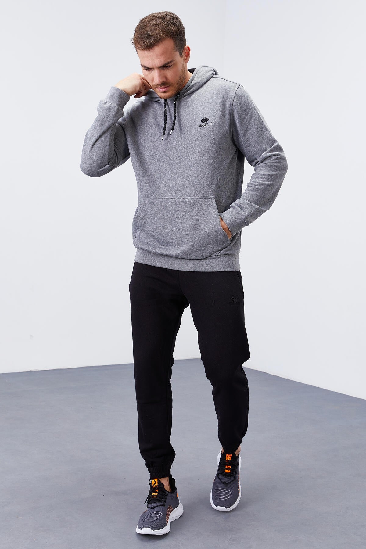 Image of Gri Melanj Kanguru Cep Standart Kalıp Kapüşonlu Erkek Sweatshirt - 87872