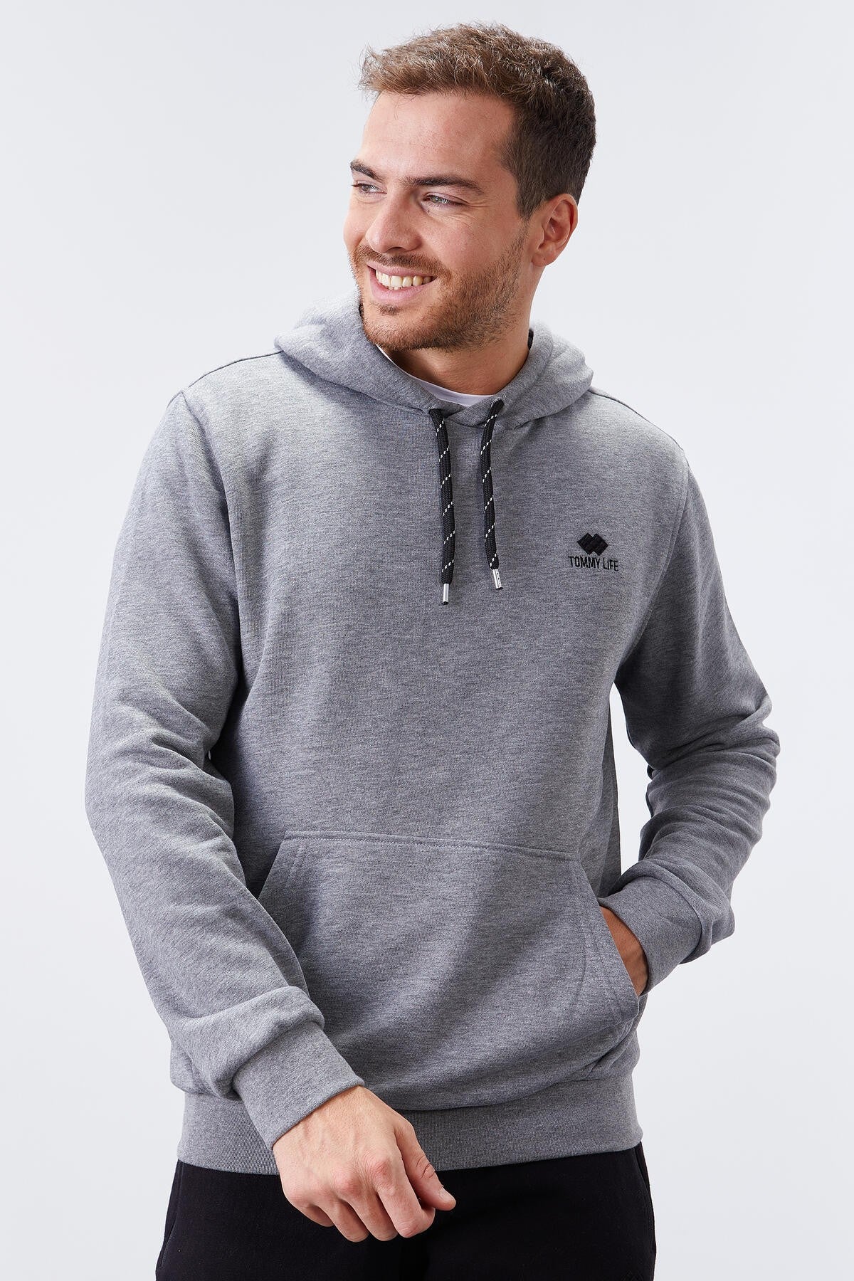 Image of Gri Melanj Kanguru Cep Standart Kalıp Kapüşonlu Erkek Sweatshirt - 87872