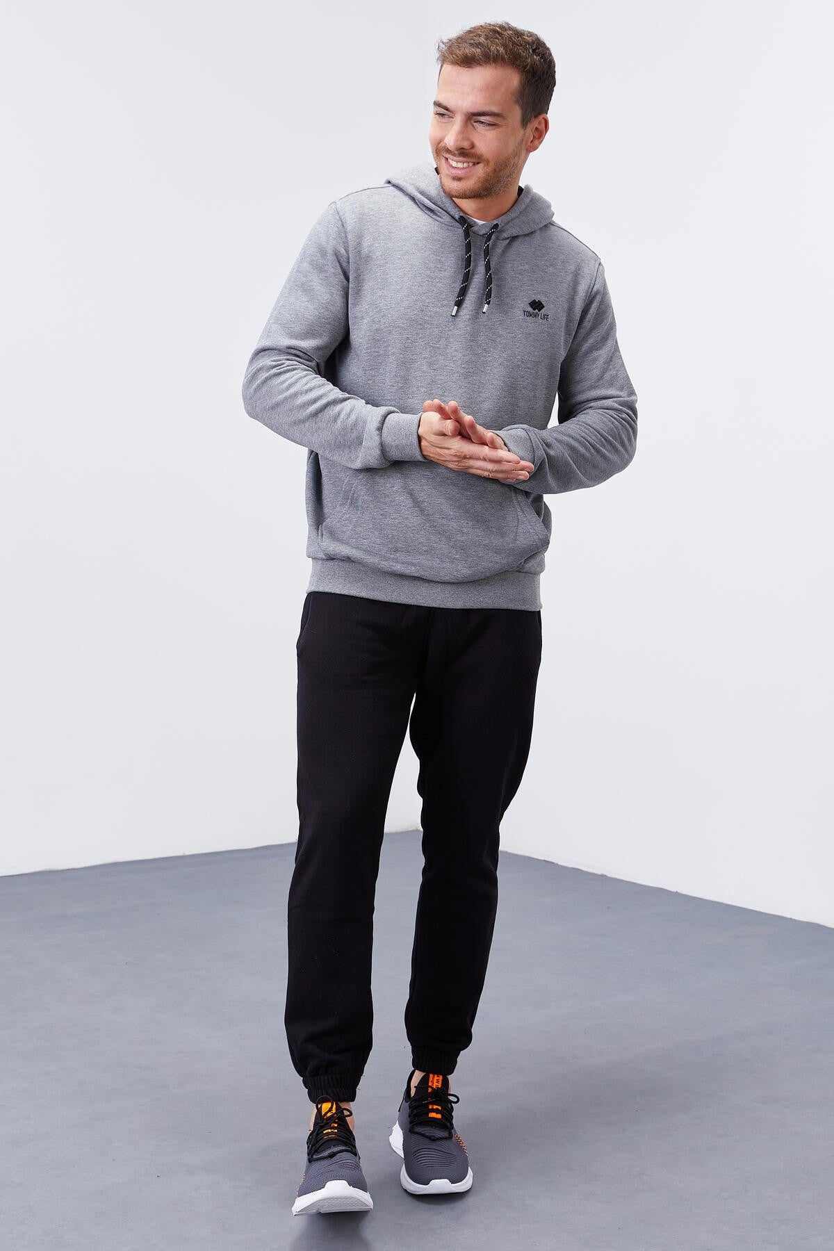 Image of Gri Melanj Kanguru Cep Standart Kalıp Kapüşonlu Erkek Sweatshirt - 87872