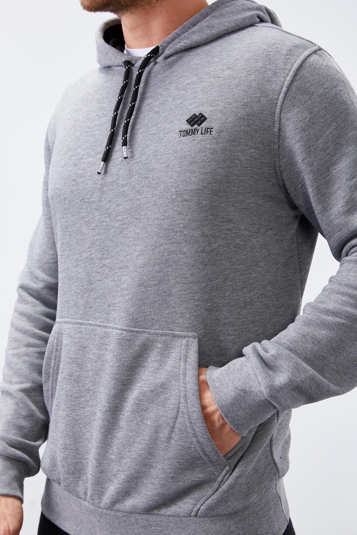 Image of Gri Melanj Kanguru Cep Standart Kalıp Kapüşonlu Erkek Sweatshirt - 87872