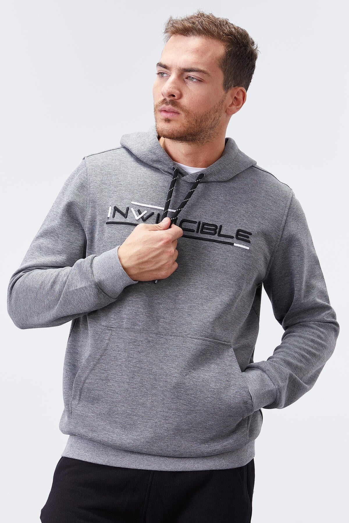 Image of Gri Melanj Kanguru Cep Standart Kalıp Kapüşonlu Erkek Sweatshirt - 87883