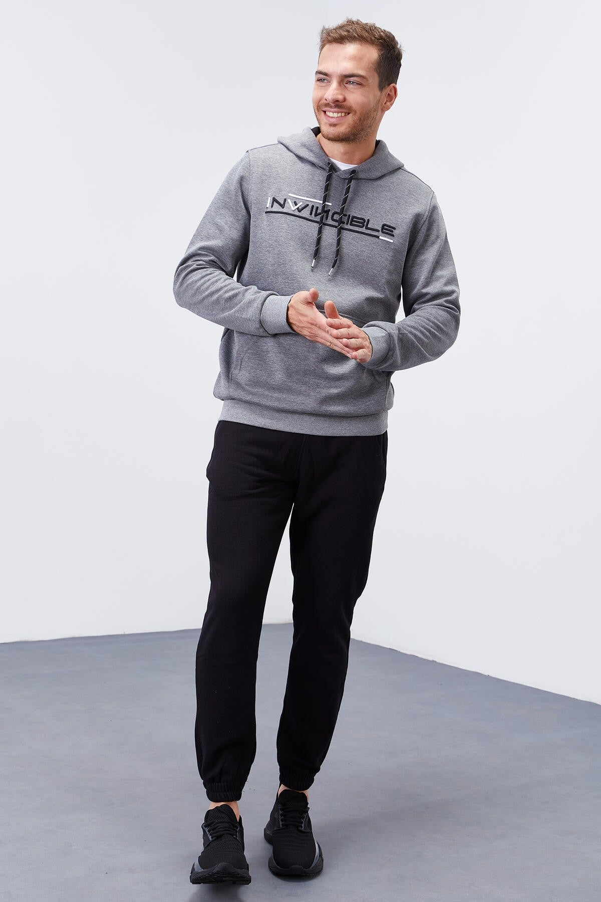 Image of Gri Melanj Kanguru Cep Standart Kalıp Kapüşonlu Erkek Sweatshirt - 87883