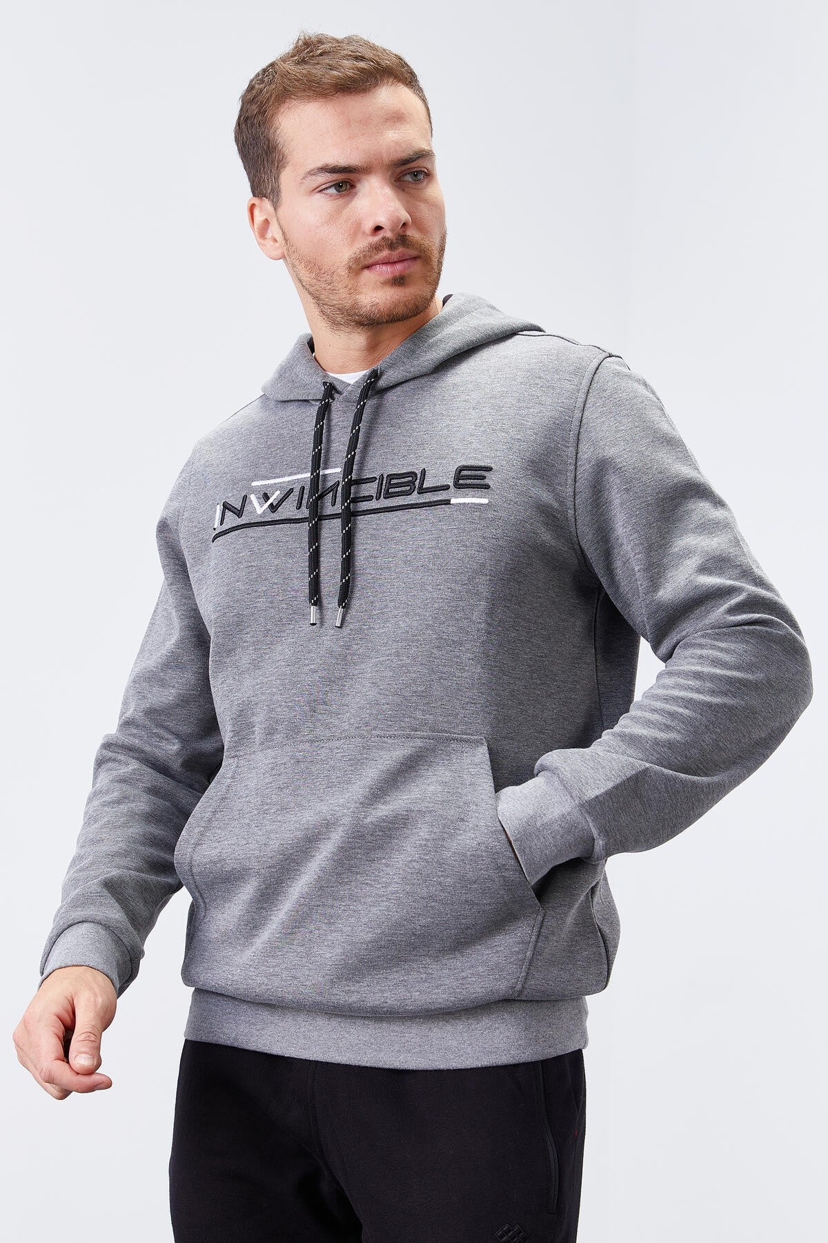 Image of Gri Melanj Kanguru Cep Standart Kalıp Kapüşonlu Erkek Sweatshirt - 87883